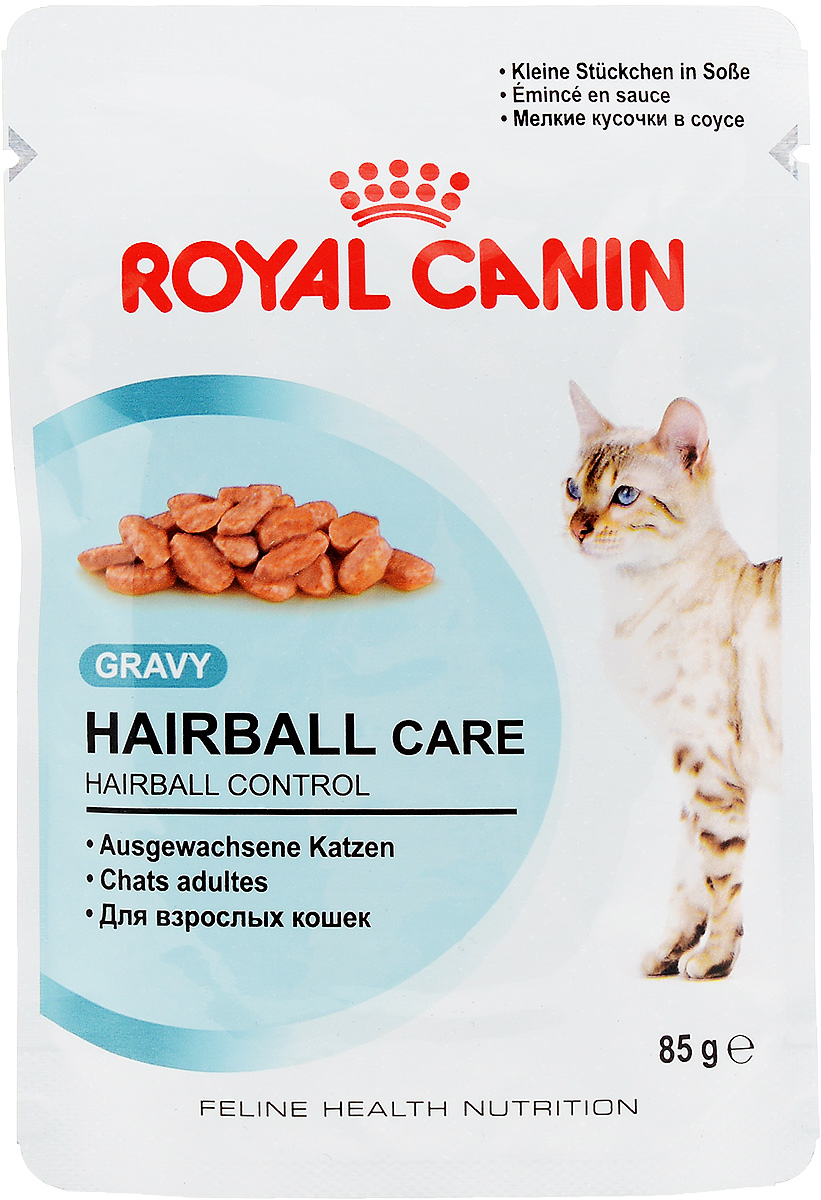 Консервы Royal Canin Hairball Care, для взрослых кошек, мелкие кусочки в соусе, 85 г59641 Консервы Royal Canin Hairball Care, для взрослых кошек, мелкие кусочки в соусе, 85 г59641Консервы Royal Canin Hairball Care, специально созданные для взрослых кошек, способствуют выведению волосяных комочков. Кошки уделяют очень много времени уходу за шерстью. Они спонтанно проглатывают большое количество выпавшей шерсти, которая имеет тенденцию скапливаться в желудочно-кишечном тракте, формируя волосяные комочки. Часто это приводит к рвоте или чувству дискомфорта в кишечнике. Hairball Care - тщательно сбалансированная формула, помогающая естественным образом снизить риск образования волосяных комочков. Эксклюзивный комплекс, включающий комбинацию различных видов пищевой клетчатки, в том числе семя подорожника Psyllium, богатое растительной слизью, а также нерастворимую клетчатку, способствует стимуляции кишечного транзита. В результате проглоченная шерсть не скапливается в желудке и не отрыгивается, а регулярно выводится с фекалиями через кишечник.Баланс минеральных веществ продукта поддерживает здоровье мочевыводящих путей взрослой кошки. Состав: мясо и мясные субпродукты, злаки, субпродукты растительного происхождения, экстракты белков растительного происхождения, масла и жиры, минеральные вещества, углеводы, дрожжи. Добавки (в 1 кг): Витамин D3: 82 ME, Железо: 3 мг, Йод: 0,12 мг, Марганец: 1 мг, Цинк: 10 мг..Товар сертифицирован. Уважаемые клиенты!Обращаем ваше внимание на возможные изменения в дизайне упаковки. Качественные характеристики товара остаются неизменными. Поставка осуществляется в зависимости от наличия на складе.