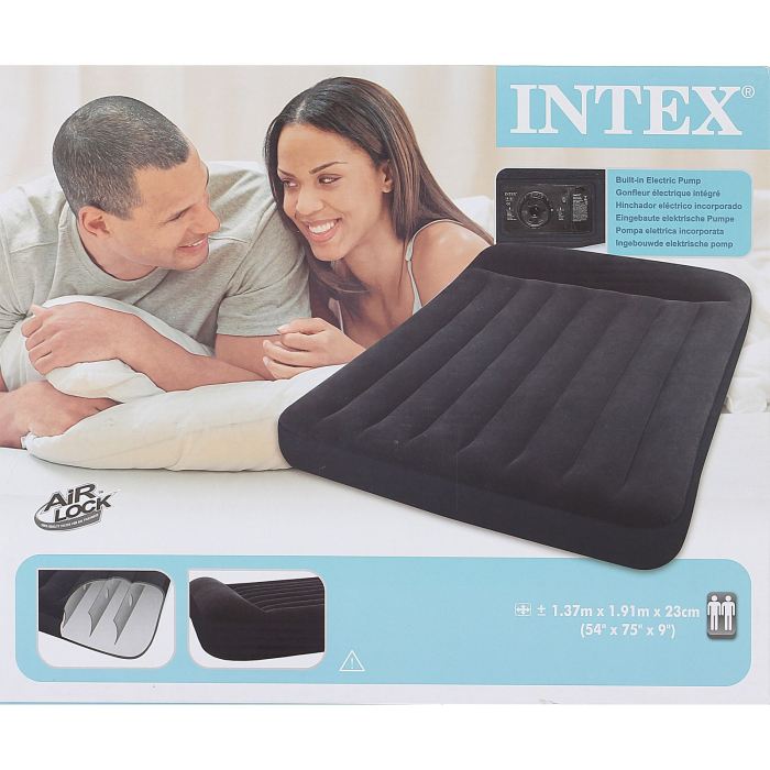 Матрас надувной Intex Classic Full 137х191х23 см, цвет: черный. 66780561618 Матрас надувной Intex Classic Full 137х191х23 см, цвет: черный. 66780561618Матрас надувной с подголовником Classic Full 137х191х30 см, со встроенным насосом 220V изготовлен из высококачественного водонепроницаемого винила темно-синего цвета. Верхняя часть кровати имеет флокированное покрытие, по своим характеристикам напоминающее велюр, мягкое и приятное на ощупь. В комплекте: сумка для хранения и переноски, инструкция на русском языке.Матрас надувной с подголовником Classic Full 137х191х23 см, с встроеным насосом 220V