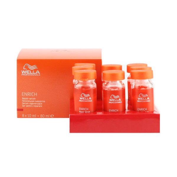 Wella Питательная сыворотка Enrich Line, 8x10 мл81237670 Wella Питательная сыворотка Enrich Line, 8x10 мл81237670Питательная сыворотка от Wella это, пожалуй, одно из самых лучших средств для восстановления волос, которое создает на их поверхности защитную пленку, восстанавливает гидролипидную оболочку каждого волоса и придает им дополнительный объем. Сыворотка повышает эластичность волос, возвращает им красоту и силу, а также восстанавливает структуру. Препарат отлично подходит для ежедневного применения, обеспечивая волосам нежный уход и стимулируя их регенерацию.В результате поврежденные волосы постепенно восстанавливаются, они становятся блестящими, здоровыми и мягкими.В состав средства входят такие компоненты, как: кератин, экстракт шелка, пантенол, витамин Е, эксклюзивная салонная формула.