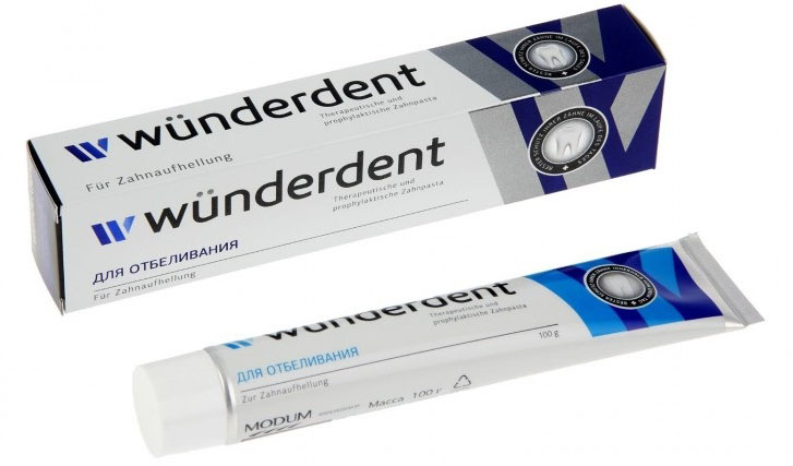 Wunderdent Паста зубная для отбеливания, 100 гA094-204 Wunderdent Паста зубная для отбеливания, 100 гA094-204При ежедневном применении лечебно-профилактическая зубная паста WUNDERDENT обеспечит надежную защиту ваших зубов: - эффективно удаляет зубной налет;- препятствует образованию зубного камня; - обладает противовоспалительным действием;- снижает кровоточивость десен;- освежает дыхание;- укрепляет десны.Бережно и эффективно очищает зубы от налета, не травмируя эмаль зубов и слизистую оболочку полости рта.Комплекс из экстрактов лекарственных растений (ромашка, шалфей, шиповник, календула, кора дуба) оказывает противовоспалительное, противомикробное и ранозаживляющее действие, способствует снижению кровоточивости десен. Благодаря увлажняющим компонентам помогает бороться с сухостью полости рта.