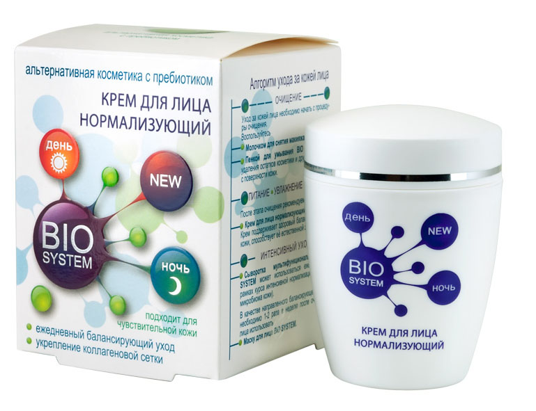Bio System Крем для лица нормализующий, 45 гB106-101 Bio System Крем для лица нормализующий, 45 гB106-101Легкий крем является прекрасным многофункциональным средством для тех, кто хочет нового, альтернативного ухода, восстанавливающего собственную естественную защиту кожного покрова.В качестве основного активного компонента в составе крема использован пребиотический ингредиент Yogurtene Balance. Он представляет собой смесь сухого обезжиренного йогурта и пребиотика инулина.Сухой йогурт содержит белки молочной сыворотки, лактозу, молочную кислоту, витамины А и В, минеральные соединения. Благодаря такому набору компонентов обеспечивается хорошее увлажняющее и питательное действие крема.Инулин – ингредиент с мощным пребиотическим действием, избирательно усваиваемый непатогенными микроорганизмами. В отличие от обычных антибактериальных ингредиентов, он мягко и естественно восстанавливает здоровый баланс микробиома.Yogurtene Balance оказывает также подтягивающее, укрепляющее действие на коллагеновую структуру кожи, предупреждая преждевременное появление возрастных изменений. Эту функцию выполняет также и масло семян конолы, повышающее эластичность кожи.Масло персиковых косточек, богатое витаминами P, A, E, C, B, интенсивно питает и увлажняет кожу, улучшает цвет лица.Для всех типов кожи.