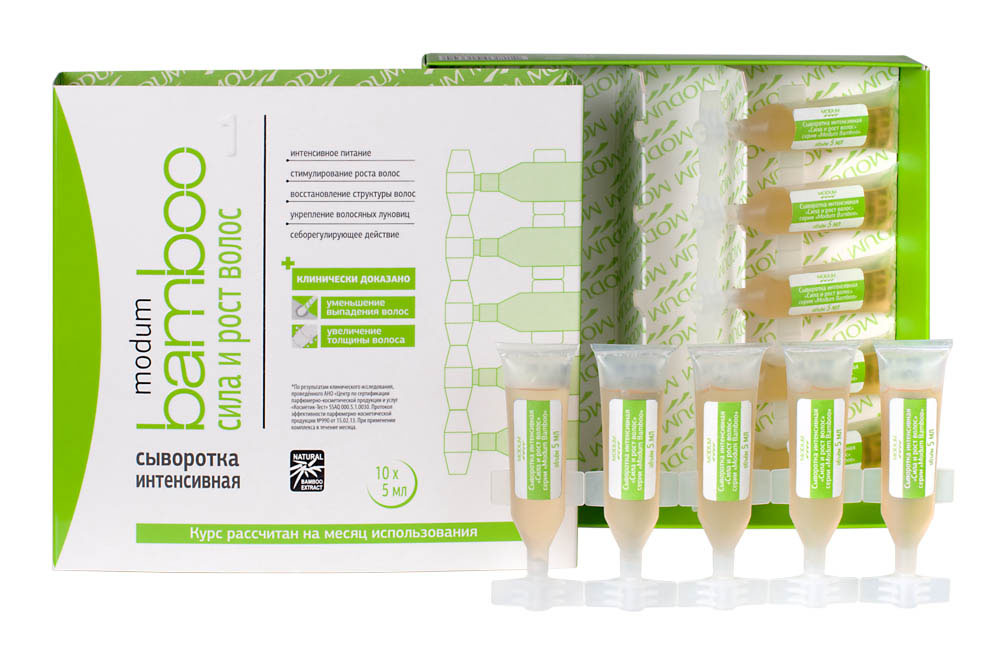 Modum Bamboo Сыворотка интенсивная Сила и Рост волос, 10 шт х 5 млC088-103 Modum Bamboo Сыворотка интенсивная Сила и Рост волос, 10 шт х 5 млC088-103Специальная сбалансировованная формула сыворотки оказывает комплексное благотворное воздействие на корни волос, усиливая кровоснабжение, улучшая питание луковиц, продлевая фазу активного роста волос, уменьшая выпадение, усиливая рост волос, улучшая структуру кутикулярного слоя. -Интенсивное питание-Стимулирование роста волос-Восстановление структуры волос-Укрепление волосяных луковиц-Себорегулирующее действие