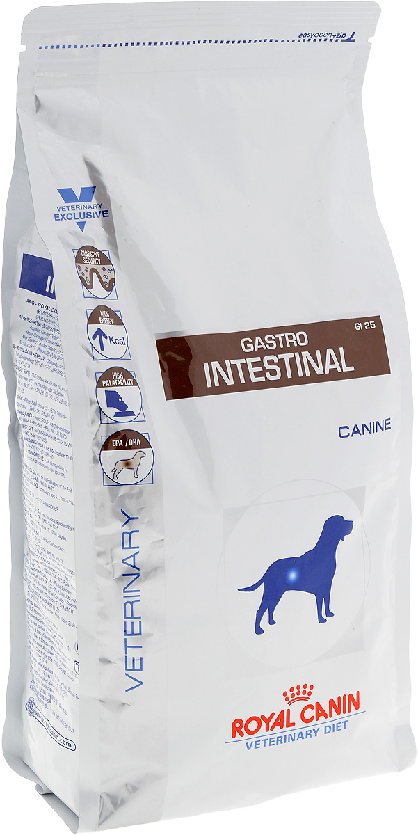 Корм сухой диетический Royal Canin Gastro Intestinal GI25 для собак, при нарушениях пищеварения, 2 кг23559 Корм сухой диетический Royal Canin Gastro Intestinal GI25 для собак, при нарушениях пищеварения, 2 кг23559Сухой корм для собак Royal Canin Gastro Intestinal GI25 - полноценный диетический рацион, рекомендуемый для собак в период лактации, при острых расстройствах пищеварения, в период выздоровления и при истощении. Показания к применению:Острая и хроническая диареяХроническое воспаление кишечникаПлохая переваримость и абсорбция питательных веществВосстановительный период после болезниПролиферация бактерий в тонком кишечникеЭкзокринная недостаточность поджелудочной железыКолитГастритАнорексия.Противопоказания:Панкреатит (в том числе перенесенный ранее)ГиперлипидемияЛимфангиэктазияПеченочная энцефалопатияЗаболевания, при которых рекомендована низкокалорийная диета.Рекомендации по кормлению: - использовать теплую воду (50°C); - залить крокеты небольшим количеством воды;- подождать 10-15 минут, чтобы крокеты приобрели нужную для потребления структуру и температуру.Состав: Рис, дегидратированное мясо птицы, животные жиры, кукуруза, гидролизат белков животного происхождения, дрожжи, яичный порошок, свекольный жом, соевое масло, минеральные вещества, растительная клетчатка, рыбий жир, фруктоолигосахариды (ФОС), оболочка и семена подорожника, гидролизат дрожжей (источник маннановых олигосахаридов), экстракт бархатцев прямостоячих (источник лютеина). Добавки (на 1 кг): Витамин А: 11400 МЕ, Витамин D3: 1000 МЕ, Железо: 42 мг, Йод: 3,3 мг, Медь: 8 мг, Марганец: 55 мг, Цинк: 181 мг, Селен: 0,08 мг.Товар сертифицирован.