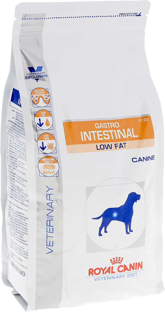 Корм сухой Royal Canin Gastro Intestinal. Low Fat LF22 для собак, при нарушении пищеварения, c пониженным содержанием жира, 1,5 кг59573 Корм сухой Royal Canin Gastro Intestinal. Low Fat LF22 для собак, при нарушении пищеварения, c пониженным содержанием жира, 1,5 кг59573Royal Canin Gastro Intestinal GL3 - это полнорационный диетический корм для собак, способствующий регуляции метаболизма липидов при гиперлипидемии. Этот продукт содержит малое количество жиров и высокий уровень основных жирных кислот. Показания к применению:- острая и хроническая диарея;- острый и хронический панкреатит;- пролиферация бактерий в тонком кишечнике;- гиперлипидемия;- лимфангиэктазия - экссудативная энтеропатия;- экзокринная недостаточность поджелудочной железы; Противопоказания:- беременность и лактация. Длительность курса применения. Длительность применения диеты варьируется в зависимости от тяжести симптомов нарушения пищеварения.Для оптимальной работы пищеварительной системы необходимо соблюдение суточного рациона и увеличение его кратности кормлений в день.Безопасность пищеварительной системы. Сочетание высококачественных белков с высокой степенью усвояемости (L.I.P.**белки), пребиотиков (фруктоолигосахариды и маннановые олигосахариды), свекольного жома, риса и рыбьего жира обеспечивает максимальную безопасность пищеварения. Пониженное содержание жиров. Низкая концентрация жиров в диете улучшает пищеварительную функцию у собак, страдающих гиперлипидемией или острым панкреатитом.Пониженное содержание клетчатки. Невысокое содержание растворимой клетчатки снижает чрезмерную ферментацию в толстом отделе кишечника. Низкое содержание нерастворимой клетчатки помогает избежать энергетических затрат на ее переваривание, а также свести к минимуму потерю вкусовой привлекательности диеты.Комплекс антиоксидантов. Комплекс антиоксидантов синергичного действия снижает уровень окислительного стресса и борется со свободными радикалами. Состав: дегидратированные белки животного происхождения (птица), рис, животные жиры, пшеница, ячмень, гидролизат белков животного происхождения, минеральные вещества, свекольный жом, рыбий жир, дрожжи, фруктоолигосахариды, оболочка и семена подорожника, фруктоолигосахариды, гидролизат дрожжей (источник маннановых олигосахаридов), экстракт бархатцев прямостоячих (источник лютеина).Добавки (на 1 кг): витамин А: 11700 МЕ, витамин D3: 1000 МЕ, железо: 43 мг, йод: 3,4 мг, марганец: 57 мг, цинк: 186 мг, селен: 0,08 мг.Товар сертифицирован.