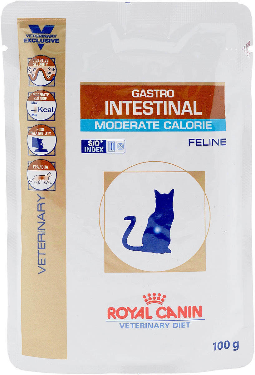 Консервы диетические Royal Canin Gastro Intestinal. Moderate Calorie для кошек, при нарушениях пищеварения, c пониженным содержанием жира, 100 г22328 Консервы диетические Royal Canin Gastro Intestinal. Moderate Calorie для кошек, при нарушениях пищеварения, c пониженным содержанием жира, 100 г22328Royal Canin Gastro Intestinal. Moderate Calorie - это полнорационные диетические консервы для кошек с пониженным содержанием жира, рекомендуемый при острых расстройствах пищеварения. Показания к применению:- острая и хроническая диарея;- плохая переваримость и абсорбция питательных веществ;- пролиферация бактерий в тонком кишечнике;- Хроническое воспаление кишечника;- колит;- Заболевания печени (кроме печеночной энцефалопатии); - Панкреатит; - Экссудативная энтеропатия; - гастрит.Длительность курса применения. Для усиления регенераторной способности ворсинчатого эпителия стенки кишечника при остром воспалительном процессе рекомендуется диетотерапия с минимальным сроком три недели. При хронических заболеваниях может потребоваться назначение диетического корма на протяжении всей жизни животного. Для оптимальной работы пищеварительной системы необходимо соблюдение суточного рациона и увеличение его кратности. Безопасность пищеварительной системы. Сочетание высококачественных белков с высокой степенью усвояемости (L.I.P. белки), пребиотиков (фруктоолигосахариды и маннановые олигосахариды), свекольного жома, риса и рыбьего жира обеспечивает максимальную безопасность пищеварения. Умеренное содержание энергии. Умеренное содержание энергии в диете рекомендовано не только при панкреатите, но также помогает контролировать массу тела у кастрированных или склонных к избыточному весу животных. Повышенная вкусовая привлекательность. При нарушениях пищеварения часто наблюдаются плохой аппетит и потеря веса. Высокая вкусовая привлекательность стимулирует потребление консервов и способствует выздоровлению. Эйкозапентаеновая и докозагексаеновая кислоты, длинноцепочечные жирные кислоты Омега 3 способствуют поддержанию здоровья пищеварительной системы.Эта диета способствует созданию в мочевыделительной системе среды, неблагоприятной для формирования как струвитных, так и оксалатных кристаллов. Состав: мясо птицы и свинина, печень птицы, кукурузная мука, кукурузная клейковина, целлюлоза, сухой яичный белок, минеральные вещества (в т. ч. микроэлементы в хелатной форме), рыбий жир, желирующая добавка, гидролизат дрожжей (источник маннановых олигосахаридов), экстракт бархатцев прямостоячих (источник лютеина), витамины.Добавки (на 1 кг): Витамин D3: 220 МЕ, Железо: 7 мг, Йод: 0,02 мг, Медь: 0,01 мг, Марганец: 2 мг, Цинк: 20 мг, Антиоксиданты.Товар сертифицирован.
