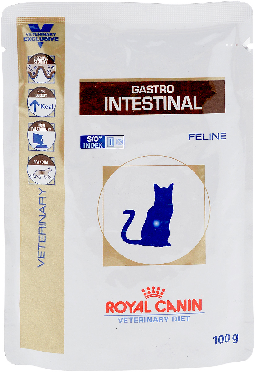 Консервы диетические Royal Canin Gastro Intestinal для кошек, при нарушениях пищеварения, 100 г22274 Консервы диетические Royal Canin Gastro Intestinal для кошек, при нарушениях пищеварения, 100 г22274Royal Canin Gastro Intestinal. Moderate Calorie - это полнорационные диетические консервы для кошек с пониженным содержанием жира, рекомендуемый при острых расстройствах пищеварения. Показания к применению:- острая и хроническая диарея;- плохая переваримость и абсорбция питательных веществ;- пролиферация бактерий в тонком кишечнике;- Хроническое воспаление кишечника;- колит;- Заболевания печени (кроме печеночной энцефалопатии); - Панкреатит; - Экссудативная энтеропатия; - гастрит.Длительность курса применения. Для усиления регенераторной способности ворсинчатого эпителия стенки кишечника при остром воспалительном процессе рекомендуется диетотерапия с минимальным сроком три недели. При хронических заболеваниях может потребоваться назначение диетического корма на протяжении всей жизни животного. Для оптимальной работы пищеварительной системы необходимо соблюдение суточного рациона и увеличение его кратности. Безопасность пищеварительной системы. Сочетание высококачественных белков с высокой степенью усвояемости (L.I.P. белки), пребиотиков (фруктоолигосахариды и маннановые олигосахариды), свекольного жома, риса и рыбьего жира обеспечивает максимальную безопасность пищеварения. Умеренное содержание энергии. Умеренное содержание энергии в диете рекомендовано не только при панкреатите, но также помогает контролировать массу тела у кастрированных или склонных к избыточному весу животных. Повышенная вкусовая привлекательность. При нарушениях пищеварения часто наблюдаются плохой аппетит и потеря веса. Высокая вкусовая привлекательность стимулирует потребление консервов и способствует выздоровлению. Эйкозапентаеновая и докозагексаеновая кислоты, длинноцепочечные жирные кислоты Омега 3 способствуют поддержанию здоровья пищеварительной системы.Эта диета способствует созданию в мочевыделительной системе среды, неблагоприятной для формирования как струвитных, так и оксалатных кристаллов. Состав: свинина и мясо птицы, печень птицы, кукурузная мука, рыбий жир, минеральные вещества, таурин, сахара, гидролизат дрожжей (источник маннановых олигосахаридов), целлюлоза, экстракт бархатцев прямостоячих (источник лютеина), микро- элементы (в т. ч. в хелатной форме), витамины.Добавки (на 1 кг): Витамин D3: 295 МЕ, Железо: 11 мг, Йод: 0,4 мг, Медь: 2,7 мг, Марганец: 3,3 мг, Цинк: 33 мг.Товар сертифицирован.