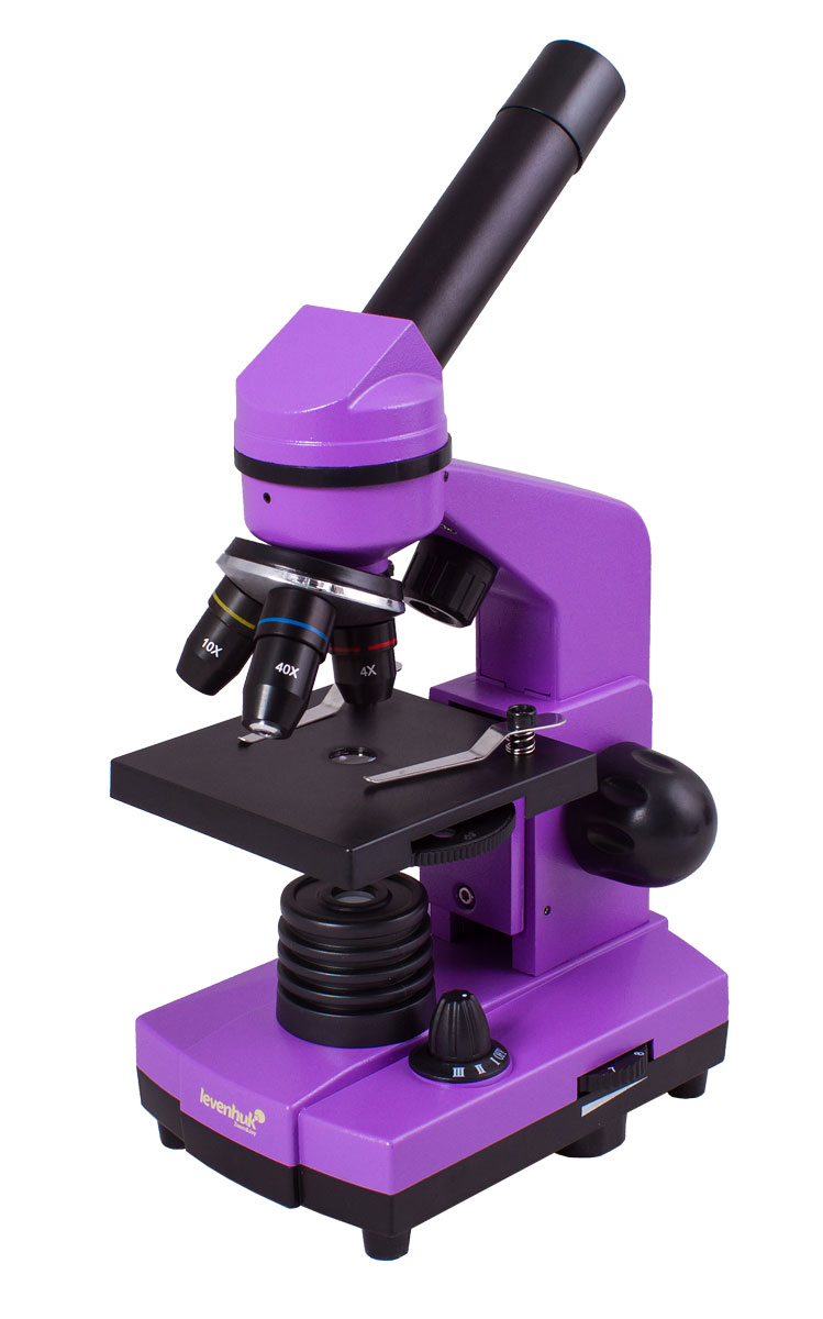Levenhuk Rainbow 2L, Amethyst микроскопXSP-1406 plastic Pantone #265C Levenhuk Rainbow 2L, Amethyst микроскопXSP-1406 plastic Pantone #265CЧтобы учеба была эффективной, важно, чтобы она приносила удовольствие. Со школьным микроскопом Levenhuk Rainbow 2L занятия по биологии станут по-настоящему интересными, ведь самостоятельное исследование микромира гораздо увлекательнее, чем сухое изложение материала в учебнике. В комплект входит все необходимое для первых биологических опытов. Кроме того, благодаря стильному и яркому корпусу, микроскоп привлекает внимание – таким подарком приятно похвастаться перед одноклассниками.Качественная оптика:Все линзы микроскопа сделаны из специального оптического стекла, которое отличается высокой прозрачностью. Дополнительно на оптические поверхности нанесено многослойное просветляющее покрытие – оно повышает светопропускание оптики и улучшает качество изображения. Эта модель поставляется в комплекте с тремя объективами – микроскоп дает увеличение от 40 до 400 крат. Менять кратность очень просто – для этого нужно только повернуть револьверное устройство.Универсальность – изучение прозрачных и непрозрачных препаратов:Один из плюсов этого микроскопа – его универсальность. Прибор снабжен двумя осветителями. Нижний используется для наблюдения прозрачных образцов – с его помощью можно, например, рассматривать тонкие срезы растений или насекомых. Верхняя подсветка позволяет изучать непрозрачные образцы – небольшие камни, монеты, банкноты и многое другое. Для изучения полупрозрачных препаратов нужно включить обе подсветки одновременно. Выбор препаратов ограничен лишь их размерами и фантазией исследователя!Удобная конструкция:Пластиковый корпус намного легче металлического – микроскоп удобно брать с собой в школу, на прогулку или в гости. При этом прибор достаточно прочен – он прекрасно подходит для частого использования. Для комфорта во время наблюдений окулярная трубка наклонена под углом 45°. Подсветка может работать не только от сети переменного тока, но и от батареек.Набор для опытов:Благодаря набору для опытов Levenhuk K50 начинающему исследователю не придется ломать голову, с чего же начать знакомство с микромиром. В комплект входят готовые образцы, необходимые инструменты и руководство, в котором есть информация об устройстве микроскопа, рекомендации по изготовлению микропрепаратов и описание интересных экспериментов.В набор для опытов Levenhuk K50 входит:Руководство Интересный микроскоп. Изучаем микромирПинцетИнкубатор для артемииМикротомФлакон с дрожжамиФлакон со смолой для изготовления препаратовФлакон с морской сольюФлакон с артемией (морским рачком)5 готовых образцов и 5 чистых предметных стеколПипеткаПылезащитный чехолМатериал оптики: оптическое стеклоУгол наклона окулярной насадки: 45°Объективы: 4х, 10х, 40хРевольверное устройство: на 3 объективаПредметный столик: 90х90 мм, с зажимамиДиапазон перемещения предметного столика: 0-15 мм по вертикалиКонденсор: NA 0,65Диафрагма: диск с диафрагмами (6 отверстий)Фокусировка: грубаяМетод исследования: светлое поле