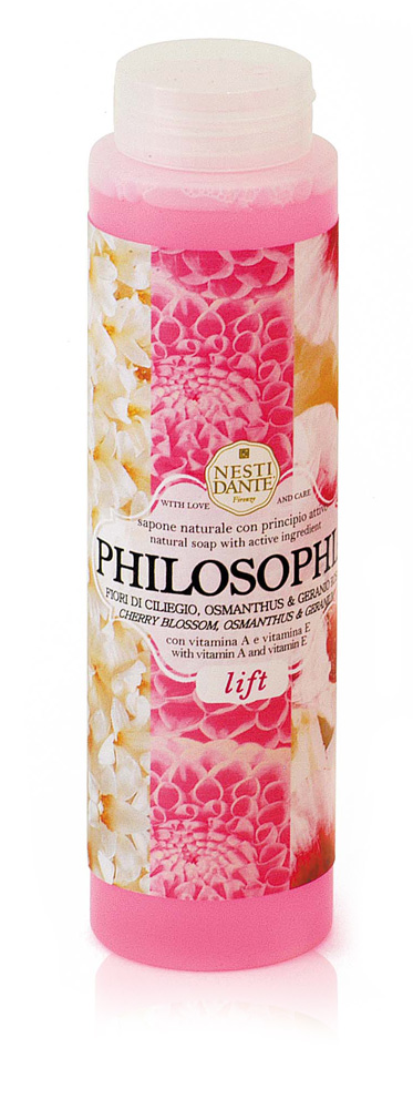 Nesti Dante Гель для душа Philosophia. Лифтинг, 300 мл5041112 Nesti Dante Гель для душа Philosophia. Лифтинг, 300 мл5041112Роскошный гель для душа Philosophia. Лифтинг с комплексом витаминов А и Е омолаживает, подтягивает и разглаживает кожу. Насыщенный аромат цветов вишни и розовой герани наполнит душу радостными воспоминаниями и пробудит чувства. Витамины А и Е, экстракт розовой герани, подарят вам расслабляющий отдых во время принятия душа и помогут коже восстановить силы после долгого дня. Входящие в состав витамины A и E укрепляют кожу, повышают упругость и эластичность, сохраняя ее молодость и красоту. Кожа остается гладкой и шелковистой. Подходит для ежедневного использования для всех типов кожи.Товар сертифицирован.