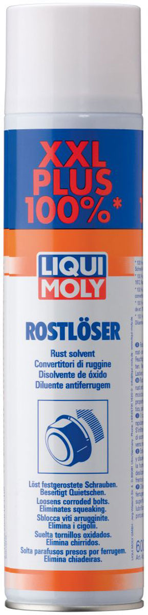 Растворитель ржавчины Liqui Moly Rostloser XXL, 0,6 л1611 Растворитель ржавчины Liqui Moly Rostloser XXL, 0,6 л1611Liqui Moly Rostloser XXL применяется для быстрого и эффективного растворения ржавчины. Отлично решает проблему приржавевших болтов и гаек и прочих резьбовых соединений. Средство может применяться в самых широких областях: на станциях технического обслуживания, в быту, в промышленности. После применения обеспечивает защиту от коррозии. Оптимальная увеличенная упаковка по выгодной цене.Особенности:Удаляет ржавчину и грязь.Быстрая и высокая проникающая способность.Высокая проникающая способность.Отличная антикоррозионная защита.Нейтрально к пластикам, металлам, лаковым поверхностям.Обладает водоотталкивающими и вытесняющими свойствами.Основа: комбинация масел и активных веществ.Товар сертифицирован.