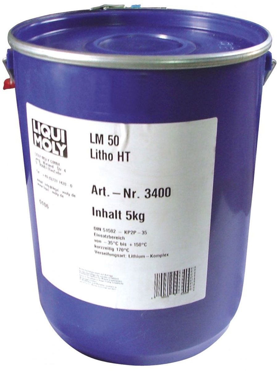 Смазка высокотемпературная Liqui Moly LM 50 Litho HT, для ступиц подшипников, 5 кг3400 Смазка высокотемпературная Liqui Moly LM 50 Litho HT, для ступиц подшипников, 5 кг3400Темно-синяя высокотемпературная консистентная смазка Liqui Moly LM 50 Litho HT второго класса NLGI для первичной и регулярной смазки высоконагруженных теплонапряженных деталей автомобилей и сельскохозяйственных машин: ступичных подшипников, нагруженных шарниров и в качестве универсальной смазки. Хорошо воспринимает ударные нагрузки. Стойка к воздействию воды. Температурный диапазон использования от -30°С до +160°С.Выдерживает высокие температуры.Эффективно смазывает, значительно снижает трение, увеличивает ресурс агрегатов.Защищает от задира.Отлично держится на поверхности.Устойчива к вымыванию горячей и холодной водой.Предотвращает рывки и вибрации.Выдерживает высокие давления.Обеспечивает отличные смазывающие и разделяющие свойства.Темно-синего цвета.Товар сертифицирован.