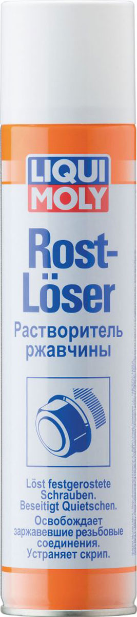 Растворитель ржавчины Liqui Moly Rostloser, 0,3 л1985 Растворитель ржавчины Liqui Moly Rostloser, 0,3 л1985Liqui Moly Rostloser применяется для быстрого и эффективного растворения ржавчины. Отлично решает проблему приржавевших болтов и гаек и прочих резьбовых соединений. Средство может применяться в самых широких областях: на станциях технического обслуживания, в быту, в промышленности. После применения обеспечивает защиту от коррозии. Оптимальная увеличенная упаковка по выгодной цене.Особенности:Удаляет ржавчину и грязь.Быстрая и высокая проникающая способность.Высокая проникающая способность.Отличная антикоррозионная защита.Нейтрально к пластикам, металлам, лаковым поверхностям.Обладает водоотталкивающими и вытесняющими свойствами.Основа: комбинация масел и активных веществ.Товар сертифицирован.