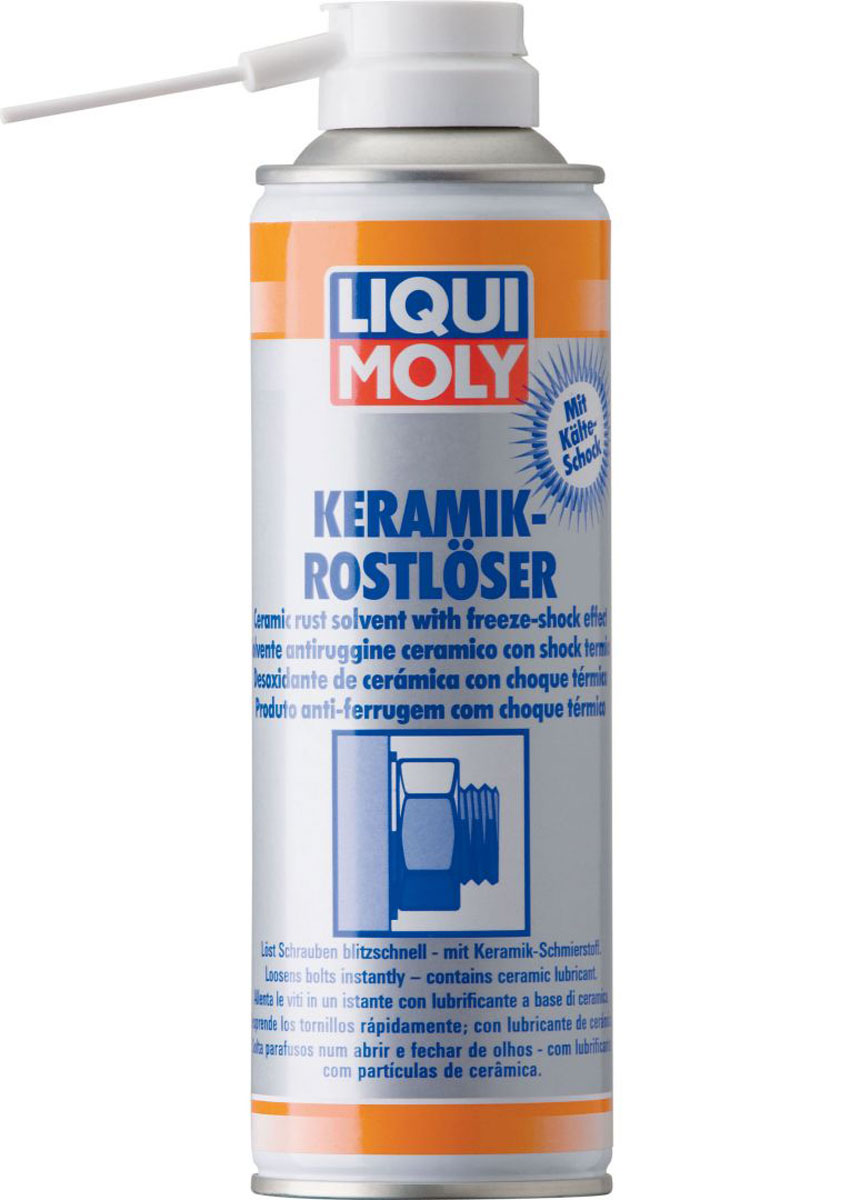 Растворитель ржавчины Liqui Moly Keramik Rostloser mit Kalteschock, 0,3 л1641 Растворитель ржавчины Liqui Moly Keramik Rostloser mit Kalteschock, 0,3 л1641Liqui Moly Keramik Rostloser mit Kalteschock - это средство усиленного действия для удаления ржавчины и демонтажа очень сильно приржавевших деталей, в том числе в случая поврежденной коррозией резьбы. Обеспечивает легкую разборку заржавевших соединений. Средство может применяться в самых широких областях: на станциях технического обслуживания, в быту, в промышленности. После применения обеспечивает защиту от коррозии.Особенности:Растворяет ржавчину.Создает перепад температур, уменьшающий линейные размеры деталей (холодный шок).Быстрого проникновения.Предотвращает возникновение коррозии.Нейтрален к пластикам, лакам и металлам.Вытесняет воду.Понижает трение благодаря микрокерамическим частицам.Основа: комбинация масел, активные вещества, микро керамика.Товар сертифицирован.