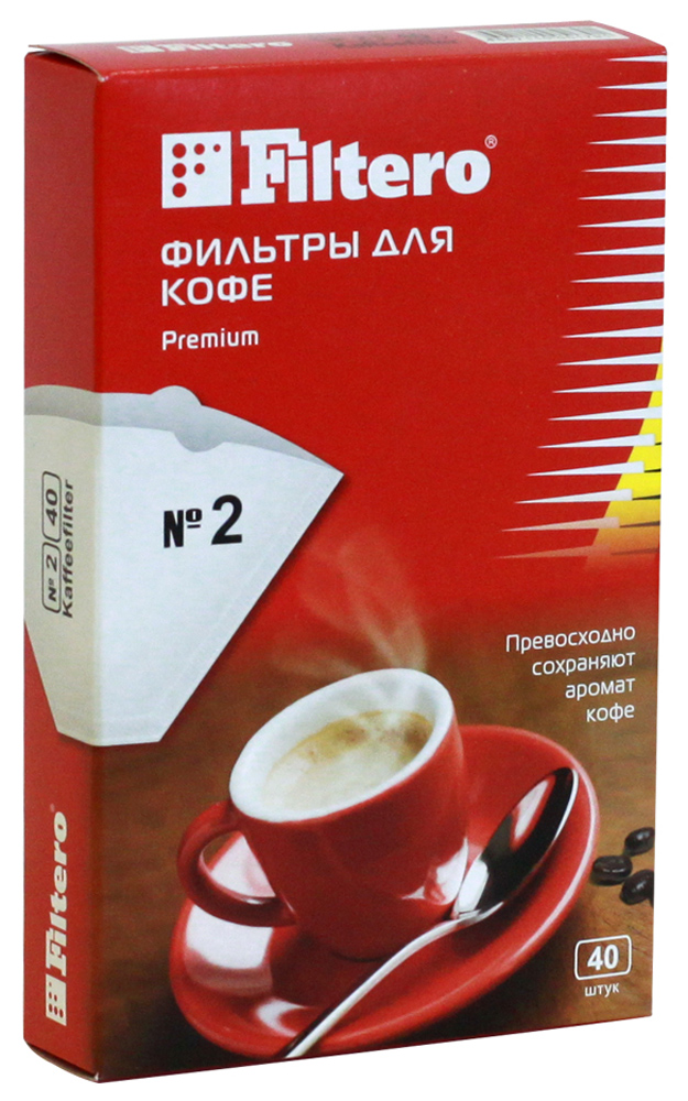 Filtero Premium №2 фильтры для кофеварок, 40 штфильтры д/кофе 2/40 Filtero Premium №2 фильтры для кофеварок, 40 штфильтры д/кофе 2/40Бумажные одноразовые фильтры Filtero Premium №2 для кофеварок. Высочайшего качества, абсолютно белые, выполнены по всем стандартам. Превосходно сохраняют аромат и оригинальный вкус кофе.Фильтры для кофе Filtero Premium №2 предназначены для кофеварок капельного типа на 6-8 чашек и для чашки-кофеварки Filtero.
