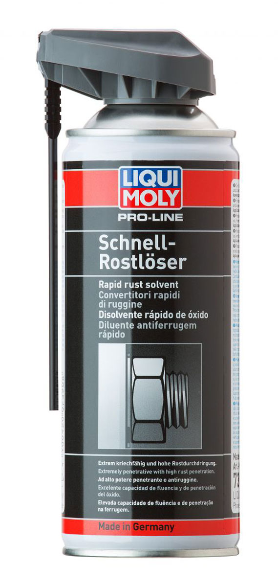 Растворитель ржавчины Liqui Moly Pro-Line Schnell-Rostloser, 0,4 л7390 Растворитель ржавчины Liqui Moly Pro-Line Schnell-Rostloser, 0,4 л7390Быстродействующий растворитель ржавчины Liqui Moly Pro-Line Schnell-Rostloser с отличными проникающими свойствами. Отпускает ржавый крепеж за короткое время. Проникает в самые мелкие зазоры. Ржавчина пропитывается благодаря капиллярному эффекту и снимается напряжение в зазорах. Благодаря этому неподвижные соединения приобретают подвижность в короткое время. Отделяет грязь и ржавчину от поверхности. Благодаря этому и хорошим капиллярным свойствам снимает напряжение между конструктивными элементами.Особенности:Отделяет грязь и ржавчину.Быстро действует.Защищает от коррозии.Нейтрален к пластмассам, лакам, металлам.Вытесняет воду.Распыляется в любом положении баллона.Отлично проникает в зазоры.Снижает трение.Обеспечивает чистоту при использовании.База: нефтяные компоненты/активные вещества.Товар сертифицирован.