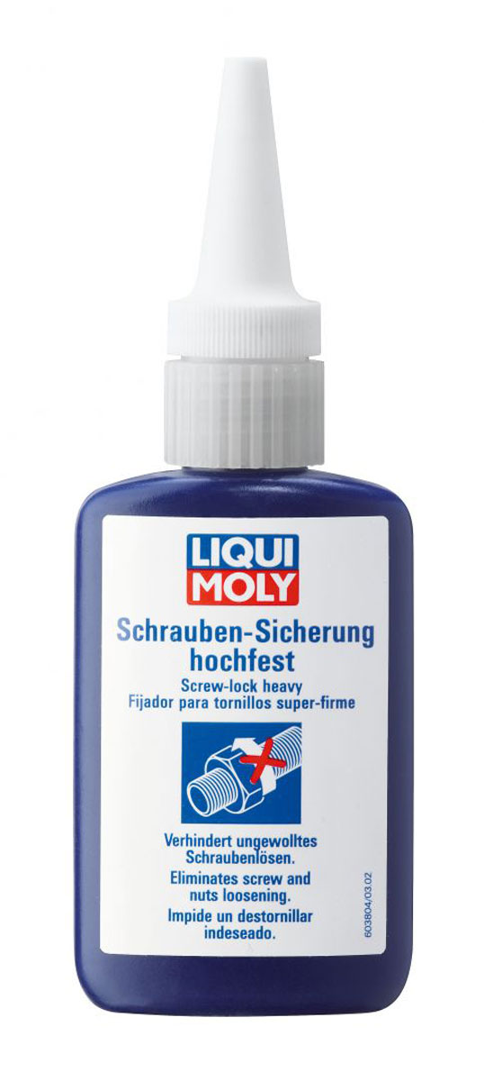 Средство для фиксации винтов Liqui Moly Schrauben-Sicherung hochfest, сильная фиксация, 50 г3804 Средство для фиксации винтов Liqui Moly Schrauben-Sicherung hochfest, сильная фиксация, 50 г3804Средство Liqui Moly Schrauben-Sicherung hochfest применяется для предотвращения самоотвинчивания крепежа из-за повышенных нагрузок и вибрации, а также для герметизации резьбы или тонких зазоров и для защиты от коррозии. Подходит для любых резьбовых соединений двигателя, трансмиссии, ходовой части автомобилей, мотоциклов, силовой техники и в промышленности. Работает в том числе на замасленных поверхностях. На производстве флакон заполняется продуктом не более, чем наполовину, чтобы иметь гарантированный контакт состава с воздухом.Особенности:Устойчиво к большим вибрациям.Широкий температурный диапазон применения.Быстрое затвердевание.Заданные момент/напряжение откручивания.Применимо на масляных поверхностях.Уплотняет резьбы, предотвращает откручивание.Основа: диметакриловые эфиры.Товар сертифицирован.