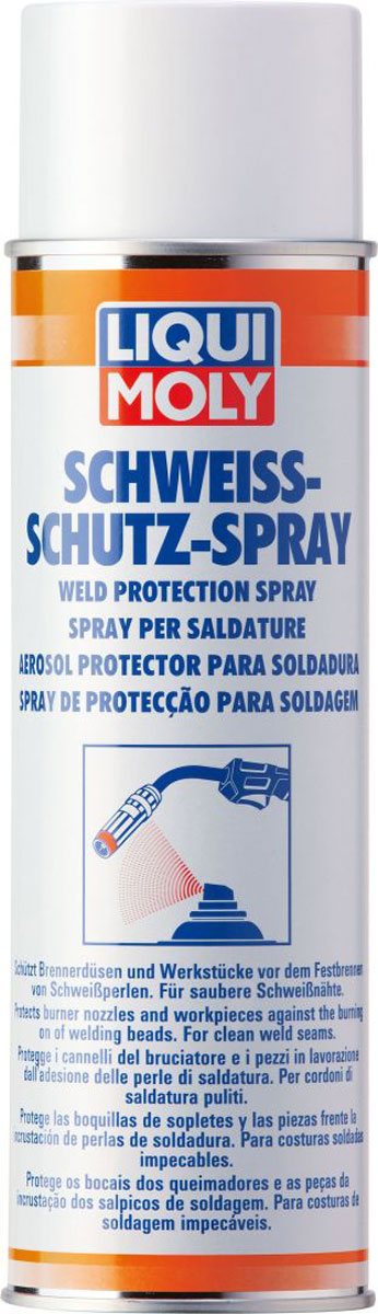 Спрей для защиты при сварочных работах Liqui Moly Schweiss-Schutz-Spray, 0,5 л4086 Спрей для защиты при сварочных работах Liqui Moly Schweiss-Schutz-Spray, 0,5 л4086Спрей Liqui Moly Schweiss-Schutz-Spray подходит для всех видов сварочных работ. Свариваемые материалы: сталь, нержавеющая сталь, алюминий. Для обработки мест, прилегающих к месту сварки для защиты от брызг металла и шлака. Для обработки мундштуков сварочных горелок при сварке в среде защитного газа.Особенности:Предотвращает при сварке прилипание брызг металла к поверхности детали или горелке.Повышает срок службы сварочной горелки.Аэрозоль применяется при сварке стали, нержавеющей стали и алюминия.Не содержит силикона.Не содержит фреона.Основа: тальк.Товар сертифицирован.