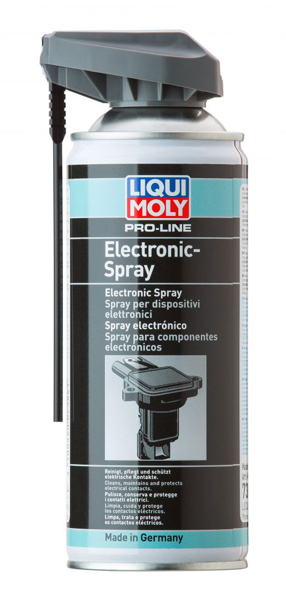 Спрей для электропроводки Liqui Moly Pro-Line Electronic-Spray, 0,4 л7386 Спрей для электропроводки Liqui Moly Pro-Line Electronic-Spray, 0,4 л7386Спрей Liqui Moly Pro-Line Electronic-Spray применяется для обслуживания и ухода (чистки и защиты) всех электрических конструктивных элементов транспортных средств, таких как: штекерные и клеммные соединения, цоколи ламп, кабельные переключатели, прерыватели, стартеры, осветительные приборы, генераторы, полюса батарей, антенны, тонкие механические устройства.Особенности:Очищает загрязненные контакты.Точно наносится при использовании распыляющей трубочки.Быстро высыхаетЗащищает от коррозии.Вытесняет воду, защищает от влажности.Удаляет окислы и сульфиды.Уменьшает переходное сопротивление.Совместим с пластиками и резиной.Распыляется при любом положении баллона.Не содержит силикона.База: синтетическое масло/присадки.Товар сертифицирован.