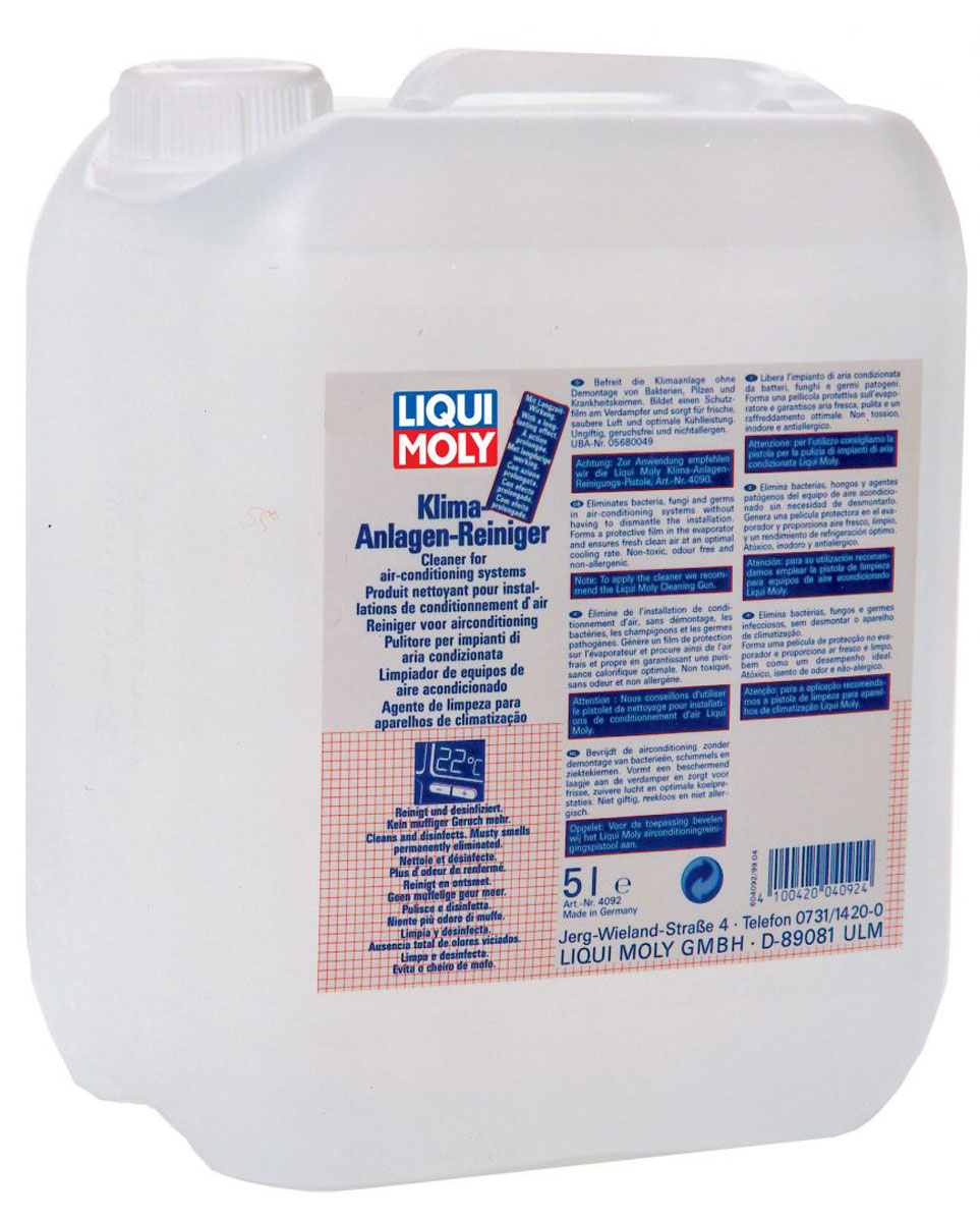 Жидкость для очистки кондиционера Liqui Moly Klima-Anlagen-Reiniger, 5 л4092 Жидкость для очистки кондиционера Liqui Moly Klima-Anlagen-Reiniger, 5 л4092Жидкость Liqui Moly Klima-Anlagen-Reiniger устраняет бактерии и грибки в системе автомобильных и бытовых кондиционеров. Устраняет неприятные и гнилостные запахи, возникающие при включении кондиционера. Удаляет пыль и растворимые загрязнения с испарителя и воздуховодов кондиционеров. Улучшает микроклимат в салоне автомобиля или в помещении. Снижает риск простудных и легочных заболеваний, делает поездку более комфортной. Гипоаллергенный состав с лимонной отдушкой.Особенности:Удаляет неприятный запах.Уничтожает грибки и бактерии.Образует на испарителе защитную пленку.Очищает воздушные каналы.Работает в качестве освежающего средства.Повышает комфортность езды.Протестировано на микробиологическую безопасность для человека.Основа: дезинфицирующая жидкость, отдушка, уничтожители запаха, вода, бронопол.Товар сертифицирован.