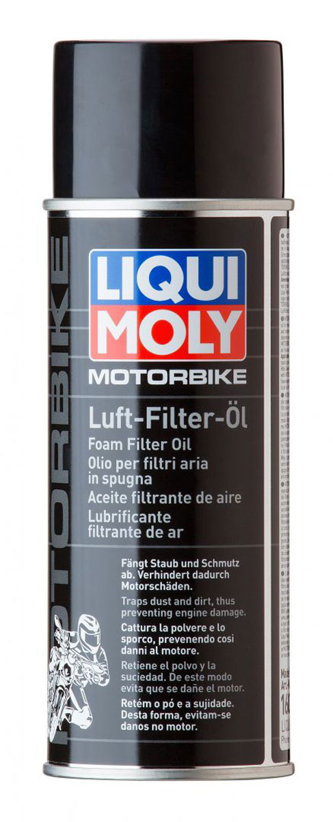Масло для пропитки воздушного фильтра Liqui Moly Motorbike Luft Filter, 0,4 л3950 Масло для пропитки воздушного фильтра Liqui Moly Motorbike Luft Filter, 0,4 л3950Liqui Moly Motorbike Luft Filter - это сверхлипкий аэрозольный синтетический состав для пропитки пористых фильтрующих материалов для улучшения улавливания пыли, грязи и песка. Для периодической обработки многоразовых воздушных фильтров пониженного сопротивления мотоциклетной и автомобильной техники. Оптимально для штатных и тюнинговых воздушных фильтров скутеров и мотокроссовой техники.Особенности:Улавливает и удерживает пыль, грязь, песок.Улучшает фильтруемость воздуха.Препятствует попаданию воды в двигатель.Увеличивает ресурс двигателя.Не увеличивает сопротивление фильтра воздушному потоку.Совместимо с синтетическими и натуральными пористыми материалами.Имеет длительные интервалы использования.Товар сертифицирован.