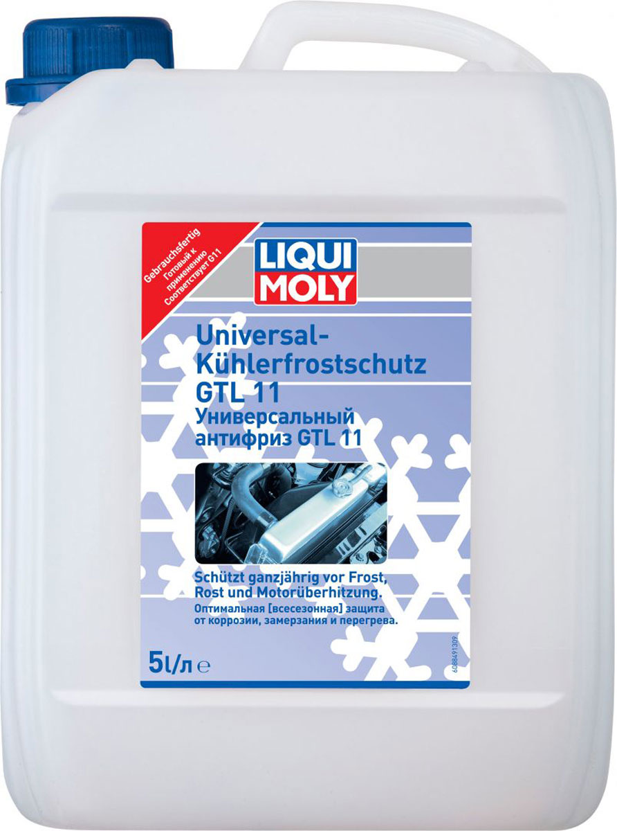 Антифриз универсальный LiquiMoly Universal Kuhlerfrostschutz GTL 11, 5 л8849 Антифриз универсальный LiquiMoly Universal Kuhlerfrostschutz GTL 11, 5 л8849Охлаждающая жидкость сине-зеленого цвета (готовая к применению, до - 40°С) на основе этиленгликоля и высокоэффективного пакета антикоррозионных, антипенных, антикавитационных присадок и стабилизаторов. Не содержит нитритов, аминов, фосфатов. Соответствует требованиям VAG G11 (TL 774-C).
