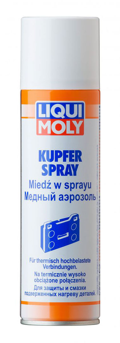 Аэрозоль Liqui Moly Kupfer-Spray , на основе меди, 0,25 л3970 Аэрозоль Liqui Moly Kupfer-Spray , на основе меди, 0,25 л3970Аэрозоль Liqui Moly Kupfer-Spray предназначена для предотвращения коррозии и заедания деталей тормозных механизмов, свечей зажигания, деталей системы выхлопа, резьбовых соединений под действием высокой температуры (до 1100 °С) и нагрузки. Спрей имеет розово-золотистый цвет, изготовлен на основе меди. Товар сертифицирован.