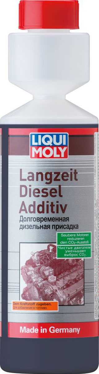 Присадка Liqui Moly Langzeit Diesel Additiv, долговременная, дизельная, 0,25 л2355 Присадка Liqui Moly Langzeit Diesel Additiv, долговременная, дизельная, 0,25 л2355Концентрированное комплексное средство Liqui Moly Langzeit Diesel Additiv применяется для очистки защиты топливных дизельных систем от нагара, закоксовок, коррозии. Нивелирует проблемы, вызванные использованием некачественного дизельного топлива (при использовании при каждой заправке). Работает по всей топливной системе. При постоянном использовании поддерживает всю систему в чистоте, сохраняя мощностные параметры двигателя. Удобная компактная упаковка имеет дозатор с делениями по 10 мл.Особенности:Поддерживает в чистоте дизельную систему впрыска топлива.Эффективна для всех систем дизельного впрыска.Повышает надежность эксплуатации.Предназначена для автомобилей с дизельными катализаторами и сажевыми фильтрами.Сокращает издержки в эксплуатации.Для постоянного использования.Основа: присадки в жидкости-носителе.Товар сертифицирован.