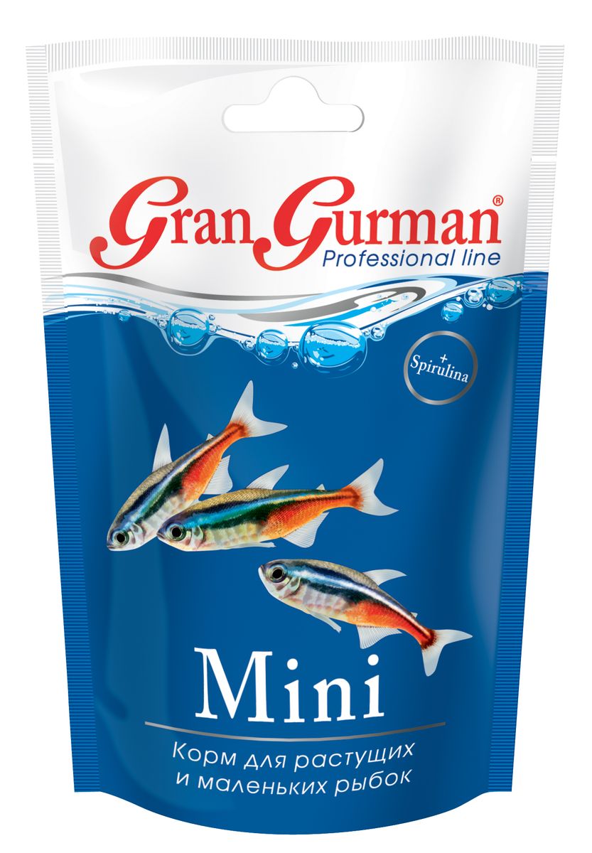 Корм для растущих и маленьких рыбок Gran Gurman Mini, 30 г575 Корм для растущих и маленьких рыбок Gran Gurman Mini, 30 г575Полнорационный гранулированный корм с витаминами (плавающие и медленно тонущие мини-гранулы) для ежедневного кормления растущих и мелких аквариумных рыб. Сбалансированное содержание легко усваиваемых растительных и животных белков и всех необходимых питательных веществ, витаминов и минералов обеспечит рыбкам нормальное развитие, рост и здоровье. Входящие в состав корма спирулина (источник незаменимых аминокислот и ненасыщенных жирных кислот) и каротиноиды природного происхождения нормализуют обмен веществ и укрепляют иммунитет, а пробиотик и энтеросорбент обеспечивают правильное пищеварение. Применение уникальной технологии гарантирует обеззараживание корма и сохранение важнейших пищевых свойств исходных компонентов. Состав: мелкие ракообразные, креветки, рыбные продукты, декапсулированные яйца артемии, пшеничная мука, кукурузная мука, соевый белок, сухое молоко, яичный порошок, пророщенные семена злаковых и бобовых культур, спирулина, пивные дрожжи, морские водоросли, лецитин, рыбий жир, энтеросорбент, витаминный комплекс, пробиотик (специальные бактерии Субтилис), витамин Е в качестве антиоксиданта.