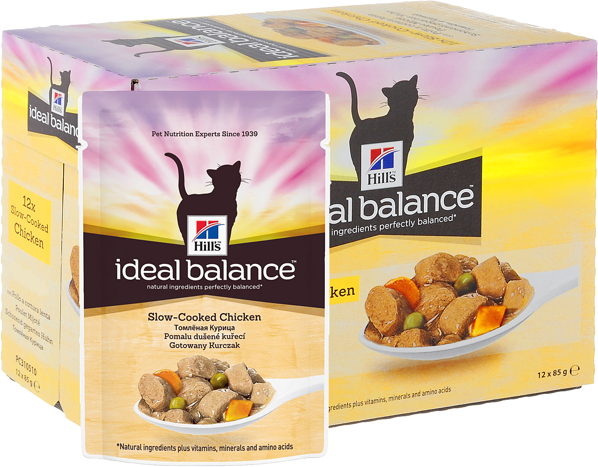 Консервы для кошек Hills Ideal Balance, с томленой курицей, 85 г, 12 шт10023_12 Консервы для кошек Hills Ideal Balance, с томленой курицей, 85 г, 12 шт10023_12Аппетитный рацион Hills Ideal Balance с кусочками томленой курицы с овощами изготовлен из превосходных натуральных ингредиентов и обеспечивает точно сбалансированное питание вашей кошке для поддержания ее здоровья. Ключевые преимущества:Безупречно сбалансированСоздан на основе натуральных ингредиентовНе содержит кукурузы, пшеницы, соиБез искусственных красителей, ароматизаторов, консервантовГарантия 100% сбалансированного питанияКонтролируемое содержание протеина и натрия обеспечивает идеальный баланс нутриентов для поддержания крепкого здоровья Контролируемое содержание магния и фосфора поддерживает здоровье мочевыводящих путей Высокая энергетическая ценность удовлетворяет потребность животного в энергии без необходимости скармливать большие порции Точный баланс натуральных ингредиентов: Свежее мясо курицы. Превосходный источник постного белка. Поддерживает питомца в хорошей стройной форме. Овощи. Превосходный натуральный источник витаминов и минеральных веществ. Состав: мясо и производные животного происхождения, производные растительного происхождения, различные сахара, злаки, овощи, минералы, яйцо и его производные, экстракты растительного белка, масла и жиры. Анализ: белок 7,6%, жир 4,2%, клетчатка 0,5%, зола 1,2%, влага 80%, кальций 0,17%, фосфор 0,14%, натрий 0,07%, калий 0,13%. На кг: витамин Е 175 мг, витамин С 20 мг, бета-каротин 0,2 мг. Добавки на кг: Е671 (витамин Д3) 130 МЕ, Е1 (железо) 36,0 мг, Е2 (йод) 0,7 мг, Е4 (медь) 7,7 мг, Е5 (марганец) 3,4 мг, Е6 (цинк) 38,0 мг. Окрашено натуральной карамелью.Товар сертифицирован.