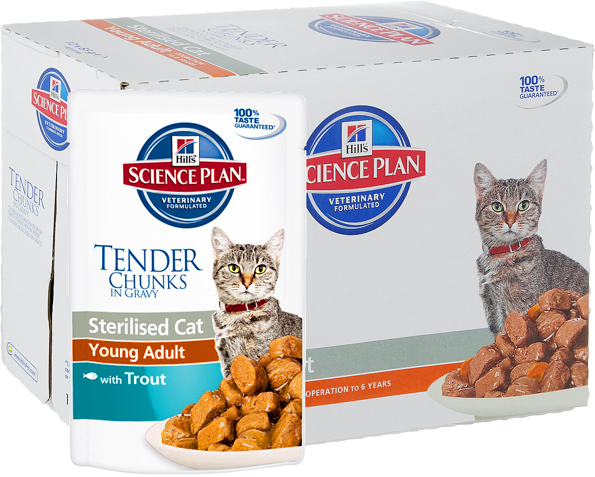 Консервы Hills Sterilised Cat Young Adult для стерилизованных кошек до 6 лет, с форелью, 85 г, 12 шт3767_12 Консервы Hills Sterilised Cat Young Adult для стерилизованных кошек до 6 лет, с форелью, 85 г, 12 шт3767_12Стерилизованные кошки в три раза более склонны к набору лишнего веса и образованию камней в мочевом пузыре.Консервы Hills Sterilised Cat Young Adult способствует гармоничному развитию и удовлетворяет специфические потребности стерилизованных кошек. Содержит комплекс антиоксидантов с клинически подтвержденным эффектом и уникальную формулу контроля веса.Ключевые преимуществаУникальная формула контроля веса способствует сжиганию жира и укреплению мышц Контролируемые уровни минералов для поддержания здоровья мочевыводящих путей Легко усваиваемые ингредиенты для оптимального всасывания Ингредиенты высокого качества. 100% гарантии качества, консистенции и вкусаСодержит Hills WMF (Формулу Контроля Веса)Энергетическая ценность, содержание жира снижены, что помогает предотвратить набор весаДобавлен L-карнитин, который облегчает превращение жиров в энергию, ограничивая их отложениеДобавлен L-лизин, что помогает предотвратить потерю мышечной массыКонтролируемое содержание фосфора и магния, что способствует здоровью почек и мочевыводящих путейpH мочи кислый 6.2-6.4. Поддерживает здоровье мочевыводящих путей во взрослом возрастеДобавлена суперантиоксидантная формула, которая нейтрализует свободные радикалы и поддерживает здоровье иммунной системы.Состав: мясо и производные животного происхождения, зерновые злаки, рыба и рыбные производные, экстракты растительного белка, производные растительного происхождения, различные виды сахара, минералы, овощи, яйцо и его производные, масла и жиры. Анализ: белок 6,9%, жир 2,7%, клетчатка 1,2%, зола 1,4%, влага 80%, кальций 0,22%, фосфор 0,18%, натрий 0,07%, магний 0,02%; на кг: витамин Е 130 мг, витамин С 20 мг, бета-каротин 0,3 мг.Добавки на кг: Е671 (Витамин D3) 150 МЕ, Е1 (железо) 55,3 мг, Е2 (йод) 1,1 мг, Е4 (медь) 11,8 мг, Е5 (марганец) 5,2 мг, Е6 (цинк) 58,4 мг, натуральная карамель (природный краситель). Товар сертифицирован.