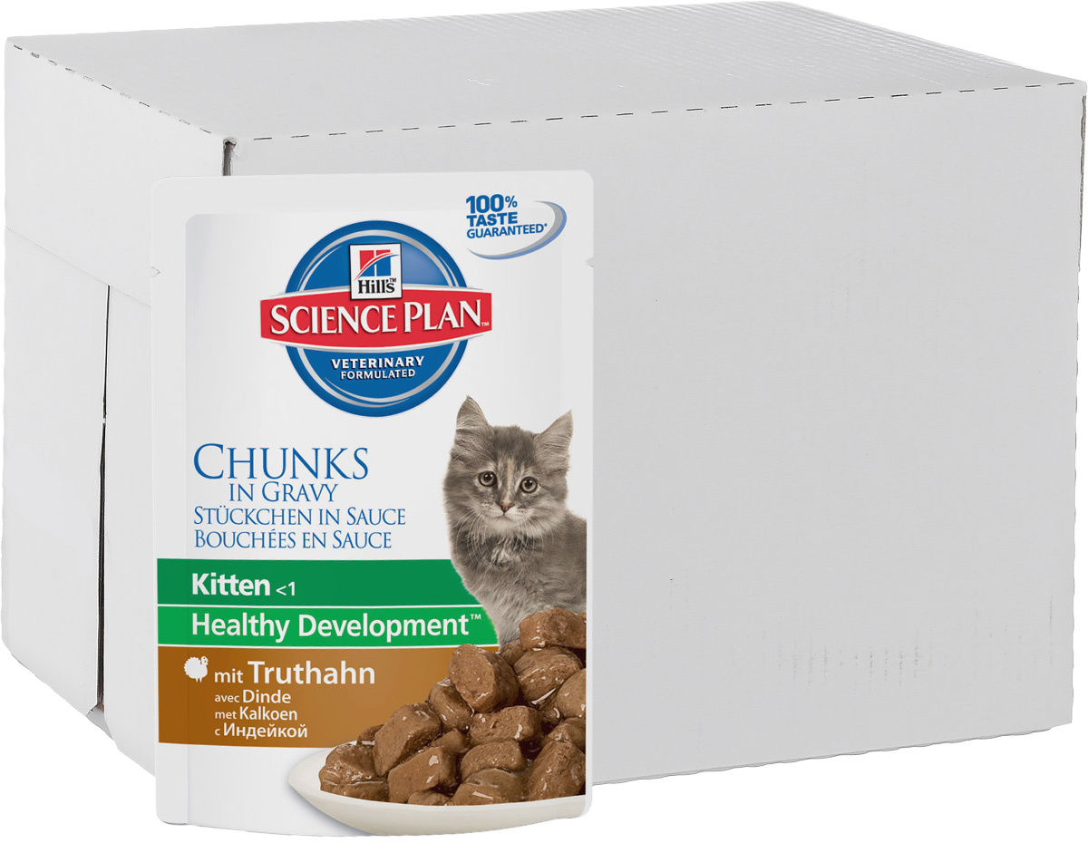 Консервы для котят Hills Healthy Development, с индейкой, 85 г, 12 шт2114_12 Консервы для котят Hills Healthy Development, с индейкой, 85 г, 12 шт2114_12Консервы для котят Hills Healthy Development - это полноценное, точно сбалансированное питание, приготовленное из ингредиентов высокого качества, без добавления красителей и консервантов. Каждый рацион Science Plan содержит эксклюзивный комплекс антиоксидантов с клинически подтвержденным эффектом для поддержки иммунной системы вашего питомца.Рекомендуется: - котятам после отъема от матери до 1 года, - беременным и кормящим кошкам. Во второй половине периода лактации котят можно начать кормить тем же рационом Hills Science Plan Kitten Healthy Development (Гармоничное развитие), которым кормят их мать - это облегчит процесс отъема от матери.Стерилизованных кошек старше 6 месяцев следует перевести на рацион Science Plan Sterilised Cat Young Adult.Не рекомендуется для длительного кормления взрослых кошек (кроме животных с повышенной потребностью в энергии).Ключевые преимущества: - Рационы Hills Science Plan Kitten Healthy Development (Гармоничное развитие) содержат повышенный уровень DHA (Докозагексаеновая кислота), которая содержится в материнском молоке и является жизненно важным структурным компонентом головного мозга. Кормление беременных и кормящих кошек рационом Hills Science Plan Kitten Healthy Development (Гармоничное развитие) обеспечит котятам поступление дополнительного объема DHA до момента отъема от матери. Если после отъема от матери котенка продолжать кормить этим рационом, то в течение всего критического периода формирования и развития головного мозга и сетчатки глаз ему также будут обеспечены необходимые количества DHA, что повышает скорость реакции и внимательность котенка. - Повышенная энергетическая ценность и высокая усвояемость удовлетворяет потребность животного в энергии без необходимости скармливать большие порции. - Повышенное содержание протеинов высокого качества способствует правильному росту и формированию мускулатуры. - Контролируемое содержание минералов, в том числе кальция, обеспечивает оптимальный баланс нутриентов для роста и развития. Способствует формированию крепких зубов и костей. - Превосходные вкусовые характеристики, что не оставит вашего питомца равнодушным. - Кислая рН мочи 6,2-6,4 поддерживает здоровье мочевыводящих путей. - Высокое содержание антиоксидантов нейтрализует действие свободных радикалов и поддерживает иммунитет.Ингредиенты: курица, свинина, индейка (4%), концентрат горохового протеина, крахмал тапиоки, пшеничная мука, целлюлоза, сухое цельное яйцо, сухой белок, кукурузный крахмал, декстроза, рыбий жир, подсолнечное масло, DL-метионин, витамины, таурин, микроэлементы и бета-каротин. Окрашено натуральной карамелью.Среднее содержание нутриентов в рационе: протеин 9,3%, жиры 5,3%, углеводы (БЭВ) 4,1%, клетчатка (общая) 0,6%, влага 79,0%, кальций 0,27%, фосфор 0,24%, натрий 0,10%, калий 0,17%, магний 0,03%, Омега-3 жирные кислоты 0,05%, Омега-6 жирные кислоты 0,18%, DHA 0,05%, таурин 1%, Витамин A 815 мг/кг, Витамин D 21 798 МЕ/кг, Витамин E 175 МЕ/кг, Витамин C 130 мг/кг, бета-каротин 20,0 мг/кг. Метаболизируемая энергия в рационе: Ккал/100 г 92, кДж/100 г 385, Ккал/пауч 78. рН мочи: 6,2-6,4.Вес одного пауча: 85 г. Товар сертифицирован.