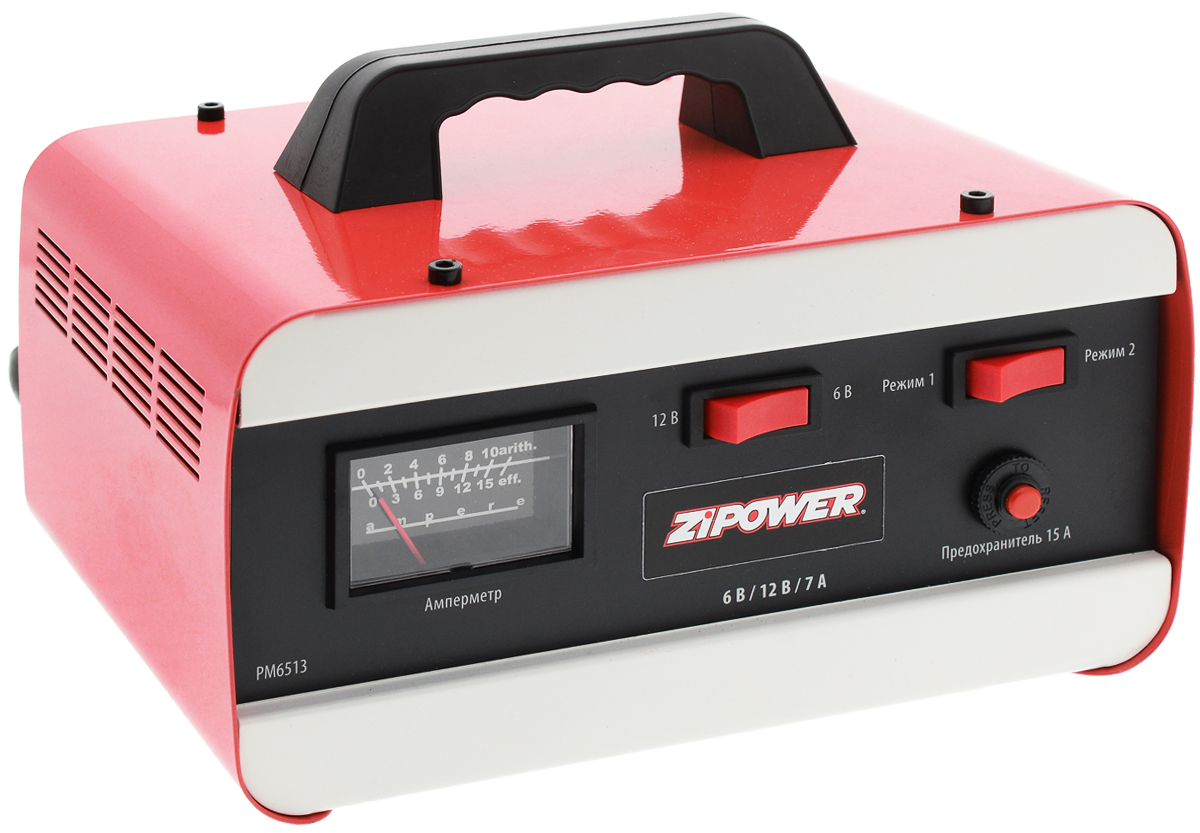 Устройство зарядное Zipower. PM 6513PM 6513 Устройство зарядное Zipower. PM 6513PM 6513Зарядное устройство Zipower для автомобильного аккумулятора предназначено для обслуживания и зарядки 12-вольтовых аккумуляторных батарей, используемых в легковых автомобилях и мотоциклах. Данная модель имеет защиту от перегрева и неправильного подключения. Зарядное устройство для автомобильного аккумулятора работает в автоматическом режиме (самостоятельно определяет уровень зарядки батареи и уменьшает ток на финишном этапе). Подходит для зарядки полностью разряженных аккумуляторов. Защита от короткого замыкания гарантирует долгий срок службы устройства. Небольшие габариты и малый вес обеспечивают удобство использования. На передней части расположен амперметр. Изделие имеет 2 режима работы и защищено от неправильной полярности.Для аккумуляторных батарей: 6/12 В.Максимальный ток зарядки: 7 А.