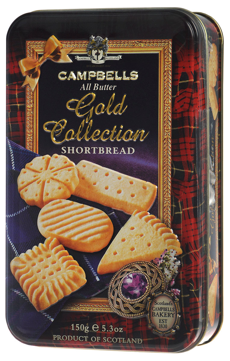 Campbells Gold Collection песочное печенье, 150 г (металлическая коробка)1520014 Campbells Gold Collection песочное печенье, 150 г (металлическая коробка)1520014Campbells Gold Collection - легендарное песочное печенье из Шотландии. Производитель вот уже 180 лет не изменяет рецепт приготовления этого вкуснейшего печенья, который состоит преимущественно из натуральных ингредиентов.