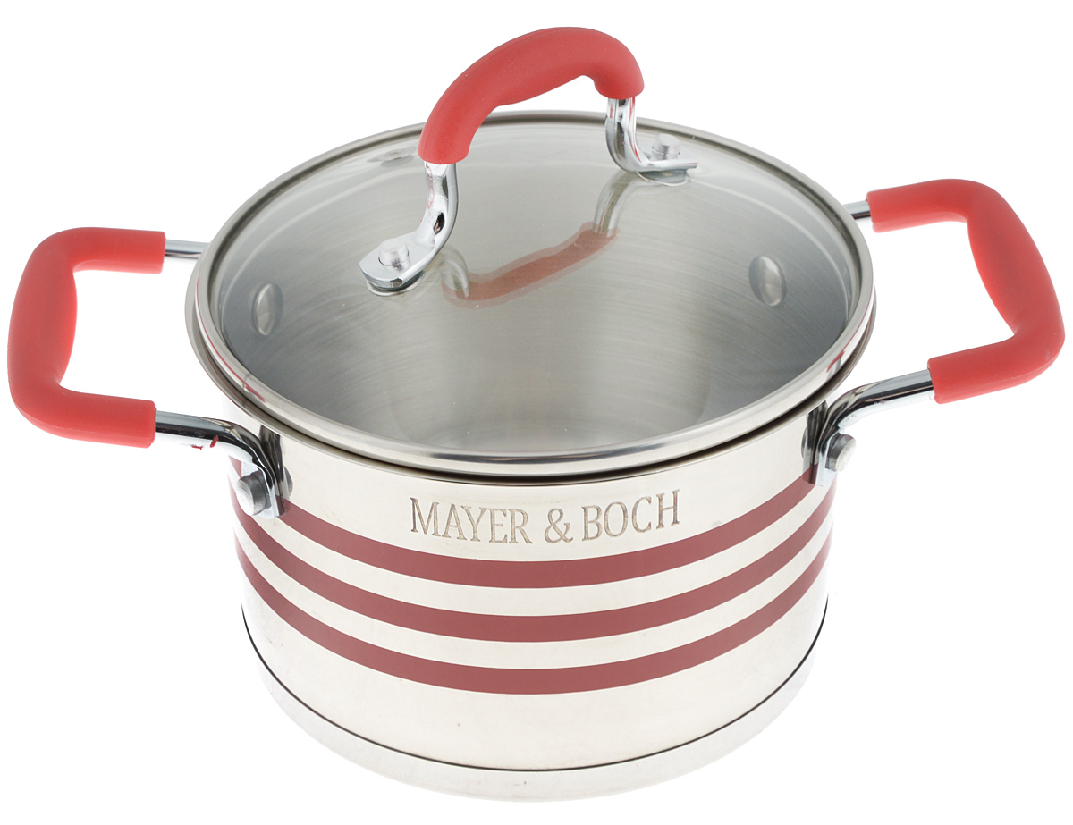 Кастрюля Mayer & Boch с крышкой, цвет: стальной, прозрачный, красный, 2,8 л. 2404524045 Кастрюля Mayer & Boch с крышкой, цвет: стальной, прозрачный, красный, 2,8 л. 2404524045Кастрюля Mayer & Boch изготовлена из высококачественной нержавеющей стали 18/10, которая придает ей привлекательный внешний вид, обеспечивает легкую очистку и долговечность. Многослойное термоаккумулирующее дно кастрюли с прослойкой из алюминия обеспечивает наилучшее распределение тепла. Ручки, оснащенные силиконовой накладкой, не перегреваются во время приготовления пищи. Крышка, выполненная из термостойкого стекла, позволяет следить за процессом приготовления пищи. Она оснащена отверстием для выхода пара и металлическим ободом. Форма кромки кастрюли предотвращает разливание жидкости, а благодаря правильности линий кромки в комбинации с крышкой обеспечивается максимальная герметизация между ними. Подходит для всех типов плит, включая индукционные. Можно мыть в посудомоечной машине. Яркий дизайн этой кастрюли придется по вкусу даже самой требовательной хозяйке. Диаметр кастрюли: 18 см.Ширина кастрюли (с учетом ручек): 28,5 см.Высота стенки: 11,5 см.