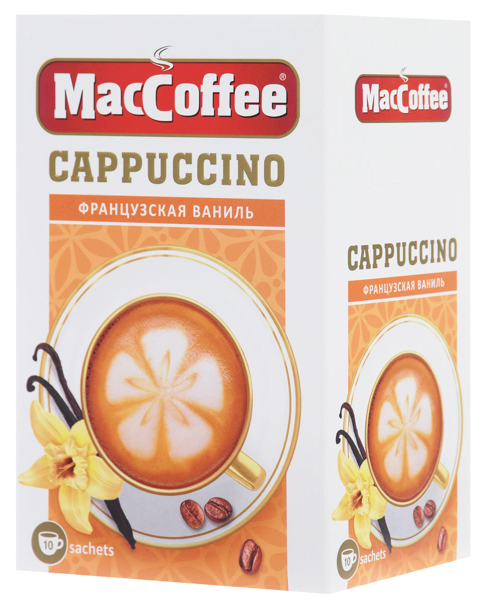 MacCoffee Cappuccino Французская Ваниль кофейный напиток, 10 шт8887290151726 MacCoffee Cappuccino Французская Ваниль кофейный напиток, 10 шт8887290151726Добро пожаловать в мир ванильных грез! MacCoffee Cappuccino Французская Ваниль – совершенный вкус капучино: высококлассный кофе и ароматная ваниль сочетаются в одной чашке с белоснежной пенкой. MacCoffee Cappuccino Французская Ваниль сравним только с изумительным вкусом облачка взбитых сливок – вам захочется, чтобы этот вкус длился вечно!
