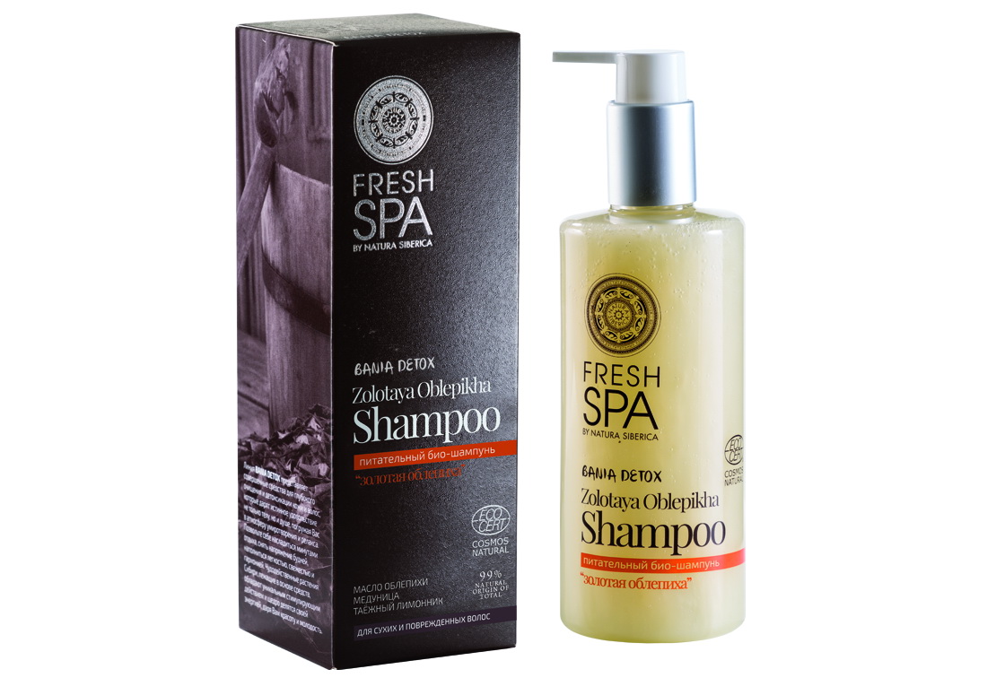 Fresh Spa Шампунь питательный Bania Detox Золотая облепиха, 300 мл086-04-33670 Fresh Spa Шампунь питательный Bania Detox Золотая облепиха, 300 мл086-04-33670Питательный био — шампунь для сухих и поврежденных волос ЗОЛОТАЯ ОБЛЕПИХА, обогащенный органическими экстрактами дикорастущих сибирских трав, деликатно очищает и интенсивно увлажняет волосы. Восстанавливает их поврежденную структуру, защищает от термического воздействия. Волосы становятся заметно более гладкими, упругими и послушными. Органический экстракт алтайской облепихи содержит огромное количество витаминов и аминокислот, которые питают и восстанавливают волосы, способствует образованию кератина, обеспечивающего волосам прочность и блеск. Богатая витаминами А, В, С и Е медуница питает волосы, способствует сохранению влаги в структуре волос. Таежный лимонник оказывает мощное тонизирующее действие, наполняет волосы силой и энергией, придавая им естественный блеск и красоту.Эффект: Структура волос восстанавливается, волосы гладкие, блестящие, послушные, наполненные силой и блеском.
