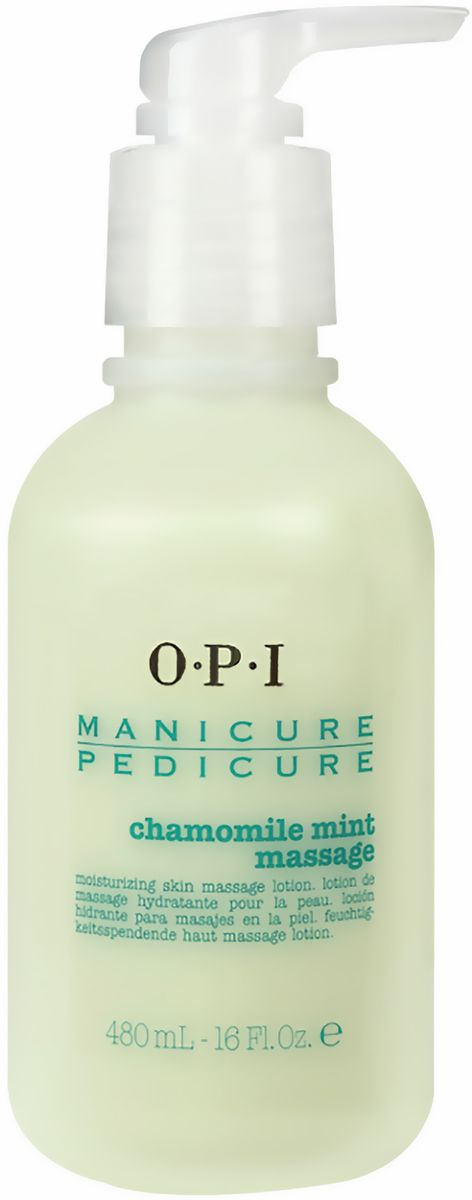 OPI Увлажняющий массажный лосьон для маникюра и педикюра Ромашка-Мята Chamomile Mint Massage, 480 млPC476 OPI Увлажняющий массажный лосьон для маникюра и педикюра Ромашка-Мята Chamomile Mint Massage, 480 млPC476Средство для массажа рук и ног OPI с ароматом ромашки и мяты. Все продукты линии Маникюр и Педикюр для спа-салонов OPI подходят как для процедур маникюра, так и для процедур педикюра. Массажный лосьон для ног и рук используется в спа-салонах и позволяет делать себе педикюр и маникюр дома. Сочетание растительных экстрактов позволяет делать увлажняющий спа-массаж, не оставляя жирной пленки на коже.