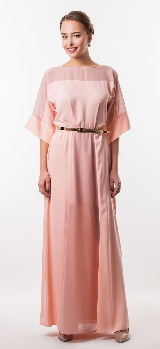 Платье Seam, цвет: розово-персиковый. 4530_306. Размер XL (50)4530_306 Платье Seam, цвет: розово-персиковый. 4530_306. Размер XL (50)4530_306Очаровательное вечернее платье Seam, выполненное из высококачественного полиэстера, оно отлично сидит по фигуре и подчеркнет ваши достоинства. Платье-макси с цельнокроеными рукавами 1/2 и круглым вырезом горловины не имеет застежек. Верх и перед модели дополнены вставками из прозрачной ткани. В поясе модель дополнена эластичной резинкой и декоративным контрастным ремешком.