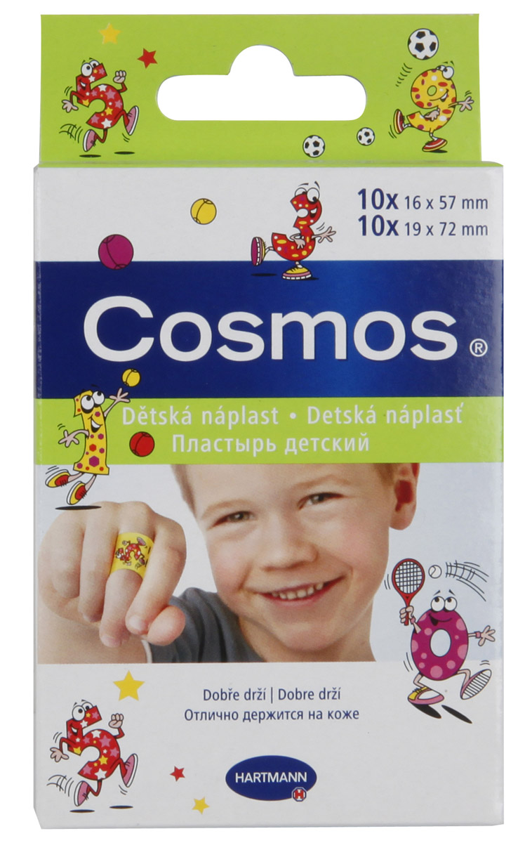 Hartmann Пластырь Cosmos Kids, с рисунком, 2 размера, 20 шт5356231 Hartmann Пластырь Cosmos Kids, с рисунком, 2 размера, 20 шт5356231Пластырь Hartmann Cosmos Kids с веселыми картинками разработан специально для детей.Пластырь изготовлен из эластичной пленки и оформлен изображениями веселых животных. Он развеселит малыша и надежно защитит ранку или ссадину от попадания грязи и бактерий. Пластырь устойчив к воде и обладает отличной воздухопроницаемостью. Внутренняя подушечка с высокими абсорбирующими свойствами надежно впитывает кровь. Жидкость поглощается и блокируется, поэтому рана остается сухой.Не приклеивается к ране, удаляется без боли и без остатков.Гипоаллергенный и безопасный пластырь Hartmann Cosmos Kids станет незаменимым помощником в маминой аптечке.В набор входят 20 пластинок пластыря двух размеров (по 10 штук каждого размера).