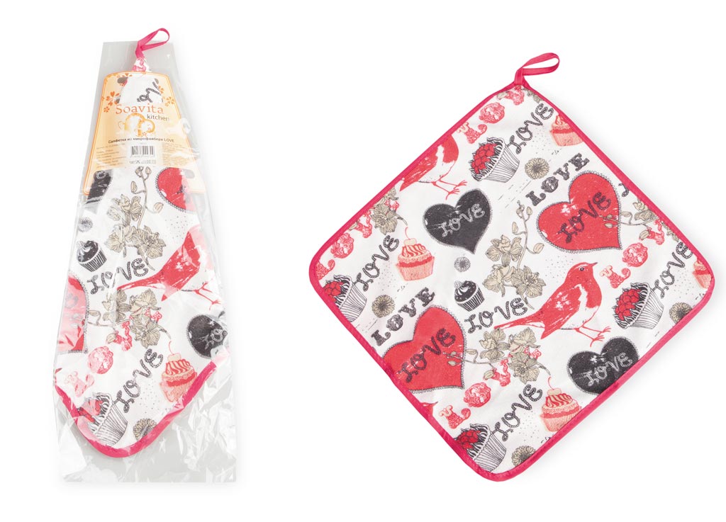 Салфетка кухонная Soavita Love, из микрофибры, цвет: красный, черный, 30 х 30 см50 Салфетка кухонная Soavita Love, из микрофибры, цвет: красный, черный, 30 х 30 см50Кухонная салфетка Soavita Love выполнена из микрофибры и оформлена ярким рисунком. Салфетка идеально подходит для сухой и влажной чистки. Полностью удаляет воду, не оставляя следа. В сухом виде подходит для деликатных поверхностей: стекол, зеркал, оптики, мониторов, мебели, бытовой техники и многого другого. Во влажном виде незаменима на кухне, в ванной, в уходе за автомобилем. Изделие дополнено окантовкой и оснащено петелькой для подвешивания на крючок. Перед использованием постирать при температуре не выше +40°С.