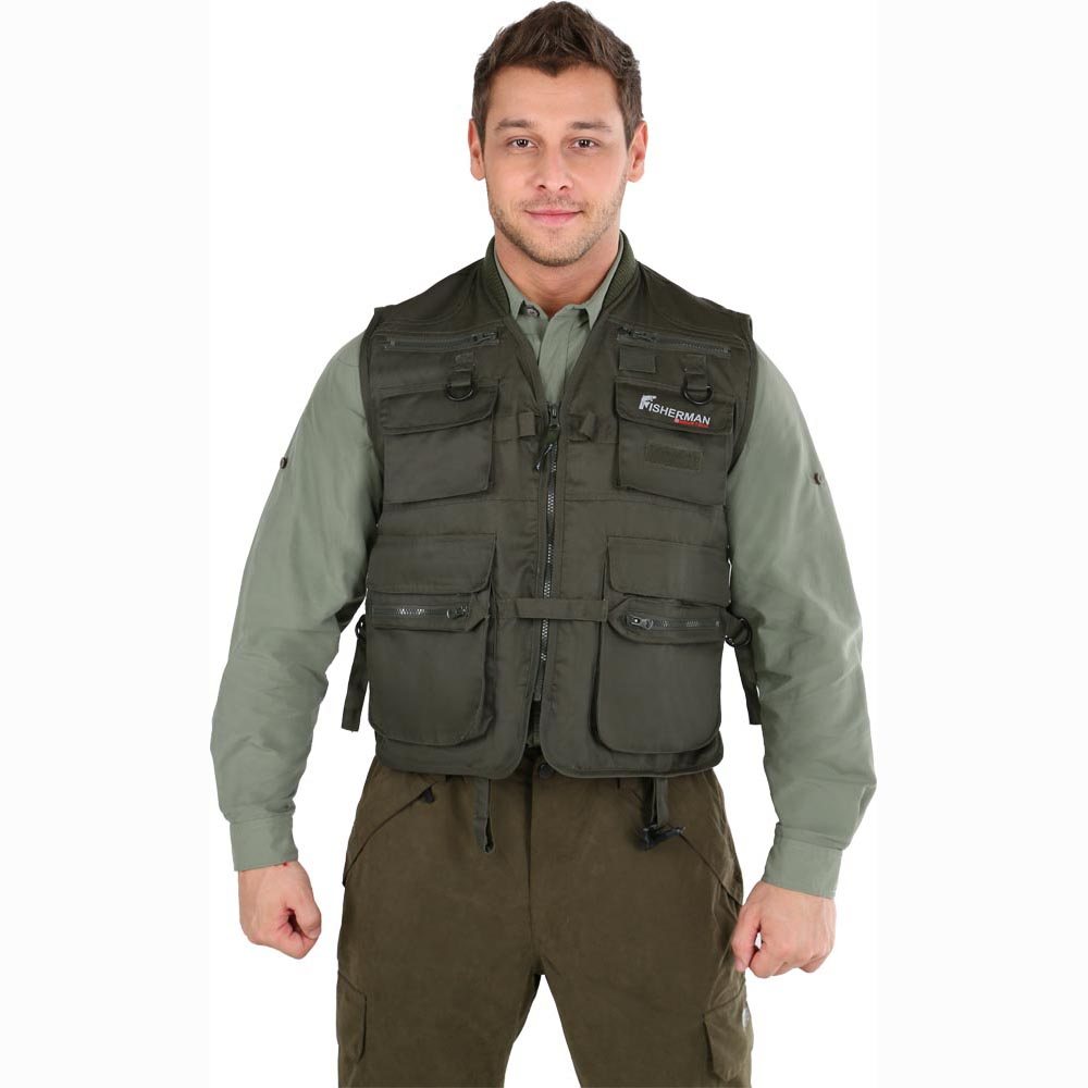 Жилет мужской рыболовный FisherMan Nova Tour F-02, цвет: хаки. 46093-533. Размер M (52)46093-533 Жилет мужской рыболовный FisherMan Nova Tour F-02, цвет: хаки. 46093-533. Размер M (52)46093-533Многофункциональный жилет из смесовой ткани на подкладке из сетки. Центральная застежка молния и трикотажный воротник. Боковые регулировки по объему. На полочке 6 грузовых карманов разного объема и 2 прорезных кармана, на верхнем кармане липучка- Velcro - для крепления снастей. Для поддержки удилища, есть крепление Третья рука. На спинке 1 большой грузовой карман.