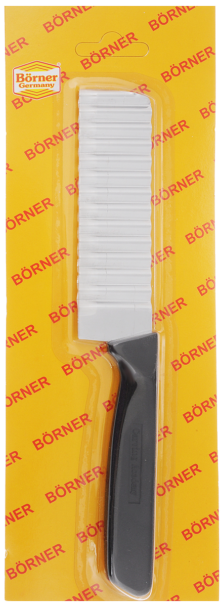 Нож для волнистой нарезки Borner. 37100093710009 Нож для волнистой нарезки Borner. 37100093710009Нож для волнистой нарезки позволяет быстро сделать украшения из сыра, огурца, редиса и моркови.Карвинг по-английски означает вырезание. Карвинг по овощам и фруктам - искусство, пришедшее к нам из восточных стран. Вырезание - работа созерцательная и очень творческая. Вашим вознаграждением будет изумление и восхищение всех, кто увидит законченный дизайн. Характеристики: Длина ножа: 21,5 см. Длина лезвия: 11 см.