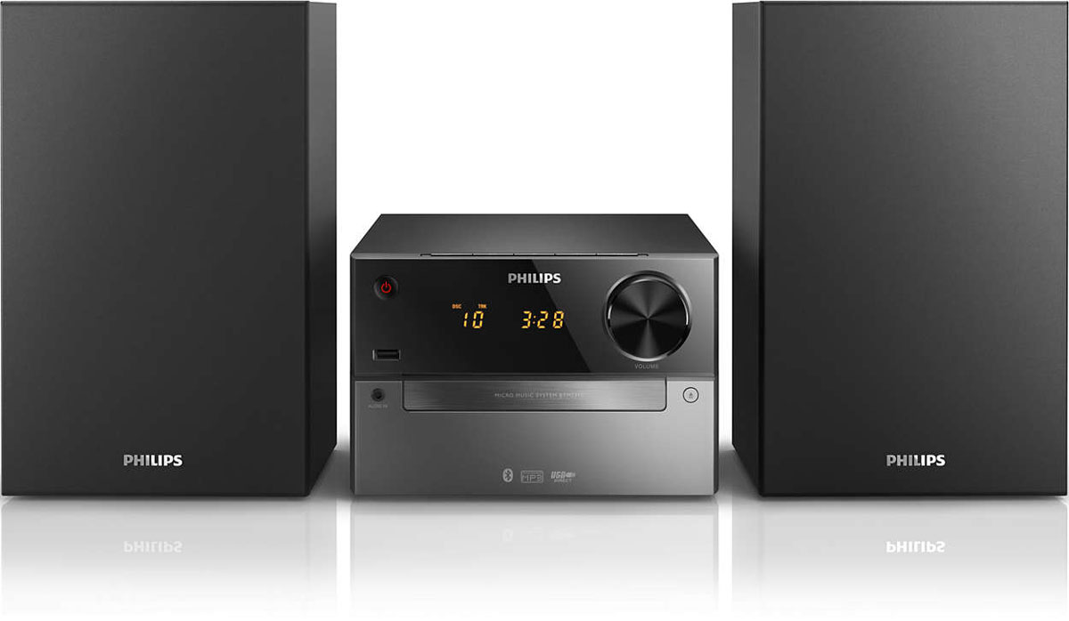 Philips BTM2310/12 микросистемаBTM2310/12 Philips BTM2310/12 микросистемаBTM2310/12Слушайте мелодии со смартфона, передавайте свою музыкальную коллекцию через Bluetooth и воспроизводите MP3-CD с помощью компактной универсальной музыкальной системы Philips BTM2310/12. Встроенный USB-порт позволяет заряжать любые мобильные устройства: от смартфонов до планшетов.Беспроводная передача звука через Bluetooth:Bluetooth — надежная и энергоэффективная технология беспроводной связи малого радиуса действия, которая позволяет с легкостью подключать iPod/iPhone/iPad и другие Bluetooth-устройства, например, смартфоны, планшетные компьютеры и ноутбуки. Теперь вы сможете без проводов воспроизводить на этой акустической системе любимую музыку и звук во время игр или просмотра видео.Воспроизведение MP3-CD, CD и CD-R/RW:Термин MP3 означает MPEG 1 Audio layer-7,6 см (3). Формат MP3 — это революционная технология сжатия, благодаря которой большие музыкальные файлы цифровой записи сжимаются в размерах до 10 раз без кардинального ухудшения качества их звучания. Формат MP3 стал стандартным форматом сжатия аудиоданных, используемым в сети Интернет и позволяет выполнять быструю и простую передачу аудиофайлов.Прямое подключение USB для воспроизведения MP3:Благодаря универсальной возможности переноса файлов так просто получить доступ к музыкальным файлам через прямой порт USB.Аудиовход для прослушивания музыки с портативных устройств:Аудиовход позволяет воспроизводить файлы через аудиоразъем напрямую с портативных медиаплееров. Помимо возможности наслаждаться любимой музыкой в великолепном качестве на аудиосистеме, подключение через аудиовход еще и невероятно удобно — портативный MP3-плеер можно легко подсоединить через аудиоразъем.Акустическая система Bass Reflex обеспечивает мощный и глубокий бас:Акустическая система Bass Reflex обеспечивает глубокое звучание басов, несмотря на компактный корпус. Ее отличие от обычных систем заключается в использовании фазоинвертора, который акустически настроен под НЧ-излучатель для оптимизации воспроизведения низких частот. Результат — лучший контроль басов и уменьшение искажений. Принцип работы системы заключается в резонировании воздушной массы в фазоинверторе, создающем вибрацию, как и в обычном НЧ-излучателе. В сочетании с характеристиками НЧ-излучателя система расширяет общий диапазон низких частот, что позволяет добиться глубокого пространственного звучания басов.Цифровой тюнер с предустановками для дополнительного удобства:Просто настройте необходимую станцию, а затем нажмите и удерживайте кнопку Preset (Предустановка), чтобы сохранить частоту. Благодаря функции сохранения предустановленных радиостанций можно быстро получить доступ к любимой радиостанции, не настраивая ее вручную каждый раз.Загрузчик компакт-дисков с электроприводом для удобства доступа:Дверца с электроприводом на передней панели придает этой элегантной аудиосистеме особенный шарм. Стильный и функциональный лоток для диска плавно выдвигается вверх или вниз в вертикальном направлении, стоит только захотеть сменить музыку и нажать на кнопку. Расслабьтесь и наслаждайтесь музыкой с любимого диска, наблюдая, как он вращается, через прозрачное окно просмотра.Цифровое управление звуком:С помощью цифрового управления звуком для различных музыкальных жанров можно выбирать подходящие режимы: Сбалансированный, Чистый, Мощный, Теплый или Яркий. Графическая технология выравнивания автоматически настраивает баланс и усиливает звуковые частоты, наиболее важные для выбранного музыкального жанра. Вы сможете настроить оптимальный звуковой баланс для каждого музыкального жанра и получить максимальное удовольствие от прослушивания.Диапазоны тюнера: FM моно/стереоСохранение радиостанций: 20Профили Bluetooth: A2DPСветодиодный дисплей
