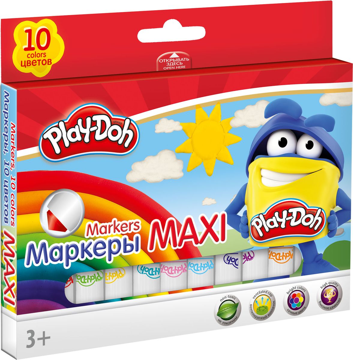 Play Doh Набор цветных маркеров Maxi 10 штPDDB-US1-7MB-10 Play Doh Набор цветных маркеров Maxi 10 штPDDB-US1-7MB-10Набор маркеров Play-Doh Maxi, предназначенный специально для рисования и закрашивания, обязательно порадует юных художников и поможет им создать яркие и неповторимые картинки.Корпус маркеров изготовлен из высококачественного нетоксичного пластика, а вентилируемый колпачок увеличивает срок службы чернил и предотвращает их преждевременное высыхание. Эргономичная форма корпуса увеличенной толщины обеспечивает комфортное и легкое рисование.Набор включает в себя 10 маркеров ярких насыщенных цветов.