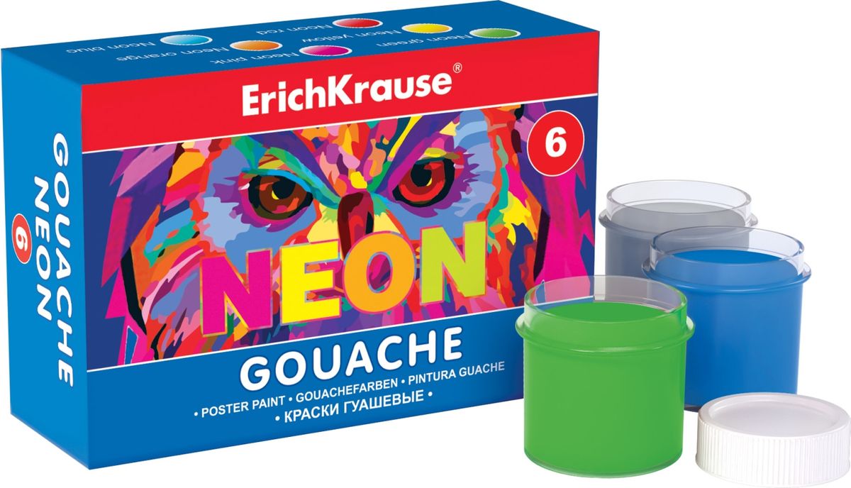 Erich Krause Гуашевые краски Neon 6 цветов39070 Erich Krause Гуашевые краски Neon 6 цветов39070Гуашевые краски Erich Krause Neon, изготовленные из качественных материалов, абсолютно безопасны при использовании и легко смываются водой. Всего 6 гуашевых красок с насыщенными неоновыми цветами, и каждая коробочка с гуашью отдельно упакована в термоусадочную пленку. Краски находятся в картонной коробке, которая не даст им засохнуть.Яркая и практичная гуашь Erich Krause Neon с продуманной палитрой цветов непременно понравится вашему юному художнику.