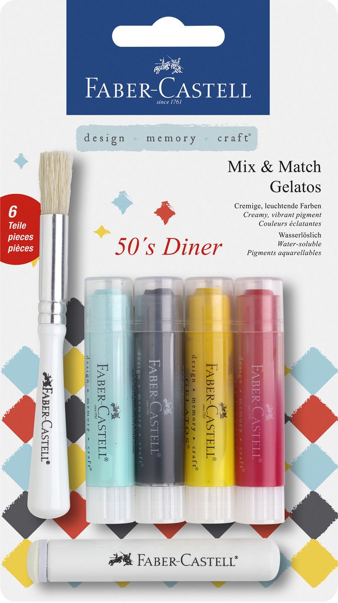 Faber-Castell Gelatos в блистере 5 шт Обед121808 Faber-Castell Gelatos в блистере 5 шт Обед121808Гелевые мелки, полностью растворимые в воде.• не содержит вредных веществ• яркие и насыщенные цвета• цвета легко смешиваются• легко наносится на бумагу, холст или дерево• великолепно сочетается с другими арт-продуктами Faber-Castell• идеальная как для начинающих, так и дляопытных художников