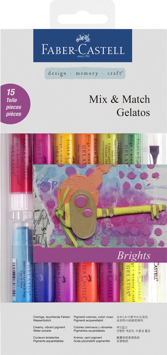 Faber-Castell Гелевые мелки Gelatos Brights 15 предметов121813 Faber-Castell Гелевые мелки Gelatos Brights 15 предметов121813Гелевые мелки Faber-Castell Gelatos, полностью растворимы в воде и не содержат вредных веществ. В комплекте - мелки 12 ярких цветов. К мелкам прилагается плоская скошенная фирменная кисть и две губки разной плотности. Преимущества покупки:• яркие и насыщенные цвета• цвета легко смешиваются• легко наносится на бумагу, холст или дерево• великолепно сочетается с другими арт-продуктами Faber-Castell• идеальная как для начинающих, так и дляопытных художников