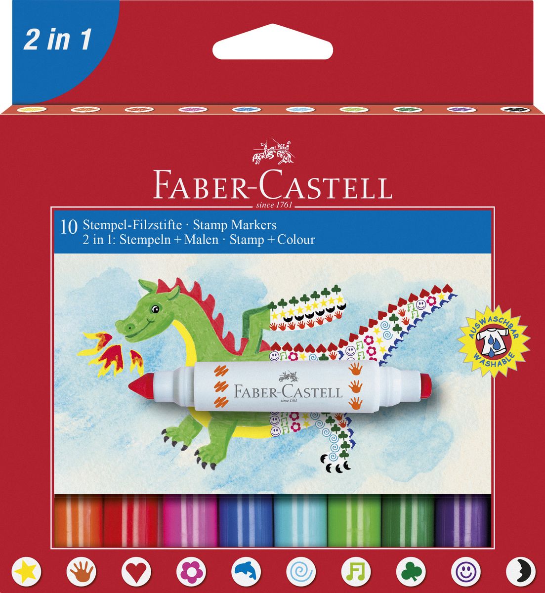 Faber-Castell Фломастеры-штампы 10 цветов155170 Faber-Castell Фломастеры-штампы 10 цветов155170Уникальные фломастеры-штампы Faber-Castell помогут маленькому художнику раскрыть свой творческий потенциал, рисовать и раскрашивать яркие картинки, развивая воображение, мелкую моторику и цветовосприятие. В наборе 10 разноцветных фломастеров, с одной стороны которых расположен цветной наконечник, а с другой - штамп того же цвета. Все штампы имеют разные рисунки. Корпусы выполнены из пластика. Чернила на водной основе окрашены с использованием пищевых красителей, благодаря чему они полностью безопасны для ребенка и имеют яркие, насыщенные цвета. Если маленький художник запачкался - не беда, ведь фломастеры отстирываются с большинства тканей. Вентилируемый колпачок надолго сохранит яркость цветов.