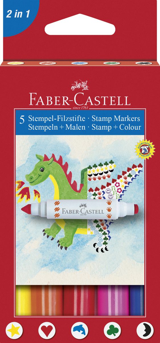 Faber-Castell Фломастеры-штампы 5 цветов155175 Faber-Castell Фломастеры-штампы 5 цветов155175Уникальные фломастеры-штампы Faber-Castell помогут маленькому художнику раскрыть свой творческий потенциал, рисовать и раскрашивать яркие картинки, развивая воображение, мелкую моторику и цветовосприятие. В наборе 5 разноцветных фломастеров, с одной стороны которых расположен цветной наконечник, а с другой - штамп того же цвета. Все штампы имеют разные рисунки. Корпусы выполнены из пластика. Чернила на водной основе окрашены с использованием пищевых красителей, благодаря чему они полностью безопасны для ребенка и имеют яркие, насыщенные цвета. Если маленький художник запачкался - не беда, ведь фломастеры отстирываются с большинства тканей. Вентилируемый колпачок надолго сохранит яркость цветов.