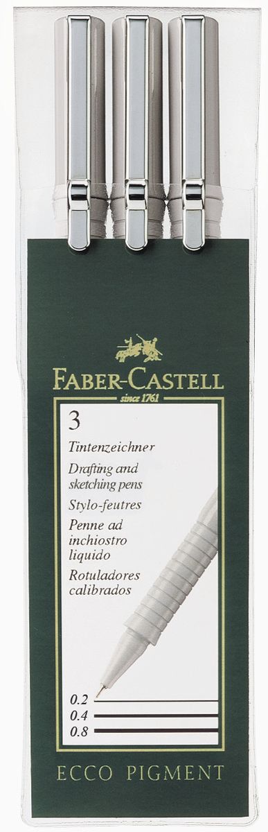 Faber-Castell Капиллярная ручка Ecco Pigmen черная 3 шт167003 Faber-Castell Капиллярная ручка Ecco Pigmen черная 3 шт167003Ручки Ecco Pigmen идеальны для письма, рисования, набросков. Пигментные черные чернила водо- и светоустойчивые, позволяют рисовать с линейкой и по шаблону. У ручек длинный кончик с металлическим корпусом, эргономичная область захвата, металлический клип. В комплекте 3 ручки с наконечниками 0,2, 0,4 и 0,8 мм.