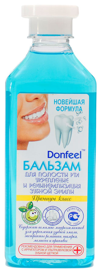 Donfeel Бальзам для полости рта (концентрат для ирригатора) Укрепление и реминерализация зубной эмали, 350 мл20160313 Donfeel Бальзам для полости рта (концентрат для ирригатора) Укрепление и реминерализация зубной эмали, 350 мл20160313Бальзам содержит ценные компоненты и экстракты трав для ухода за эмалью зубов. Аминофторид стабилизирует уровень pH в ротовой полости, что благоприятно сказывается на процессе пополнения эмали ионами кальция и фосфора для укрепления зубов. Наличие длинного органического хвоста у аминофторида позволяет ионам фтора быстрее осаждаться на поверхности зубной эмали и проникать в более глубокие слои эмали. В результате ионы фтора становятся намного доступнее и способствуют быстрой реминерализации эмали. Применение с ирригатором повышает эффективность.